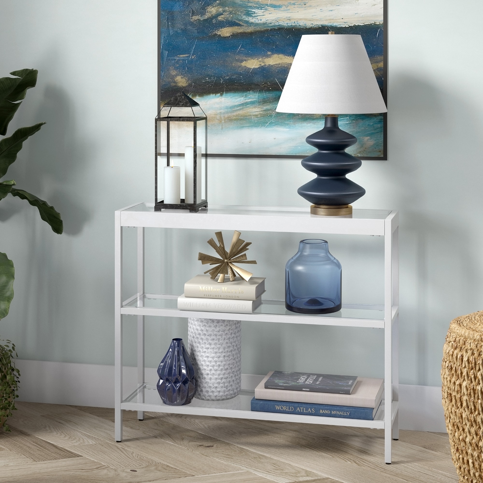 Streamlined White Metallic 36" Console Table with Tempered Glass Shelves