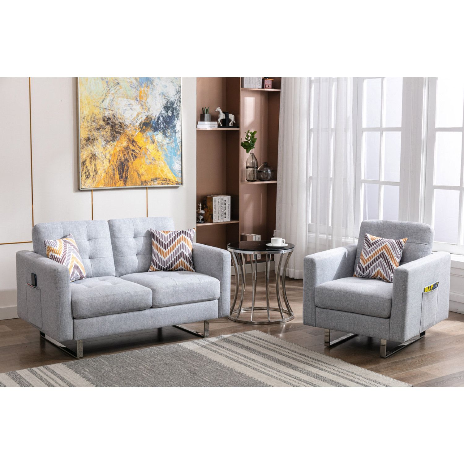JASMODER B061S00263 53.50-Inches Modern Light Gray Linen Sofa