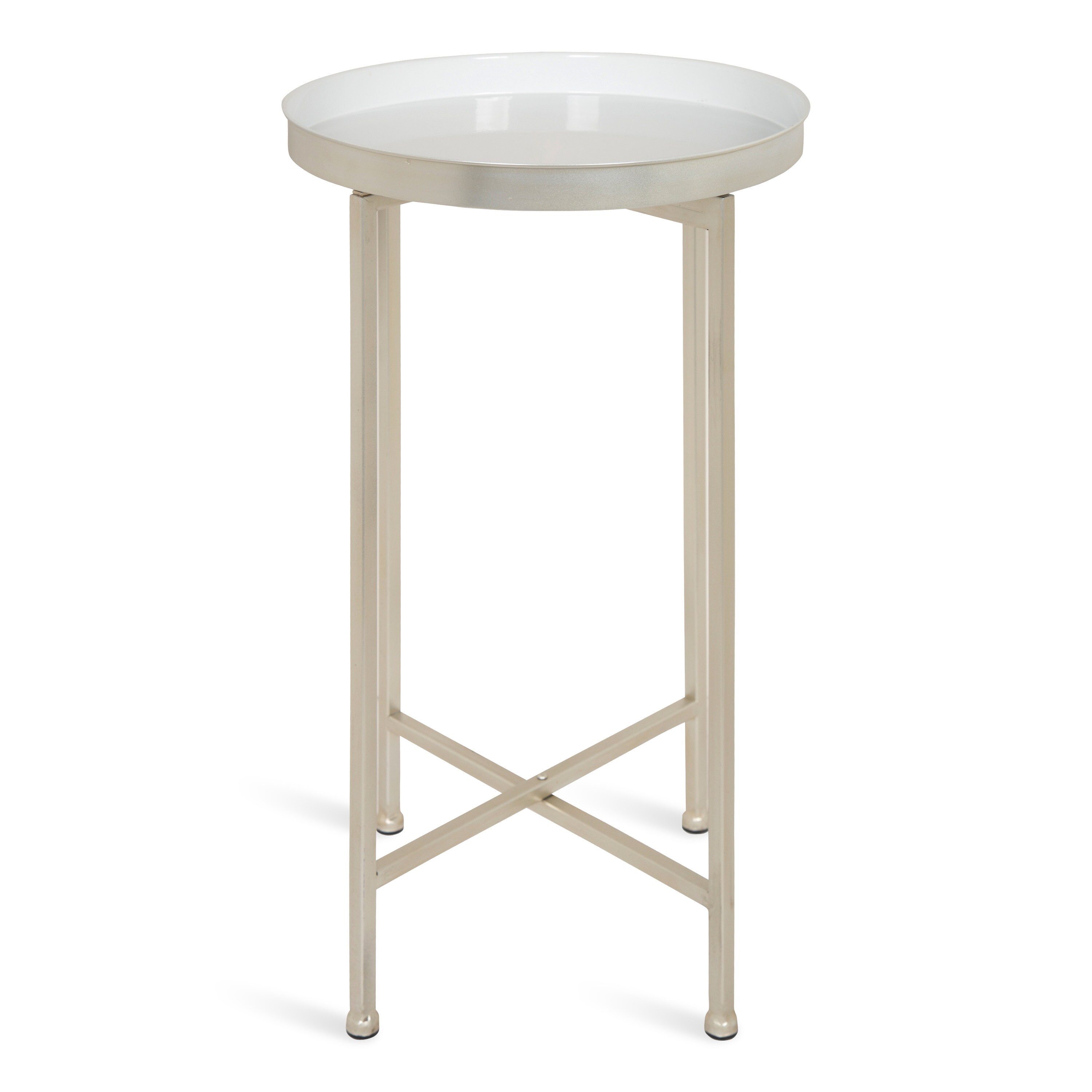 Celia White and Silver Round Metal Foldable Tray Accent Table