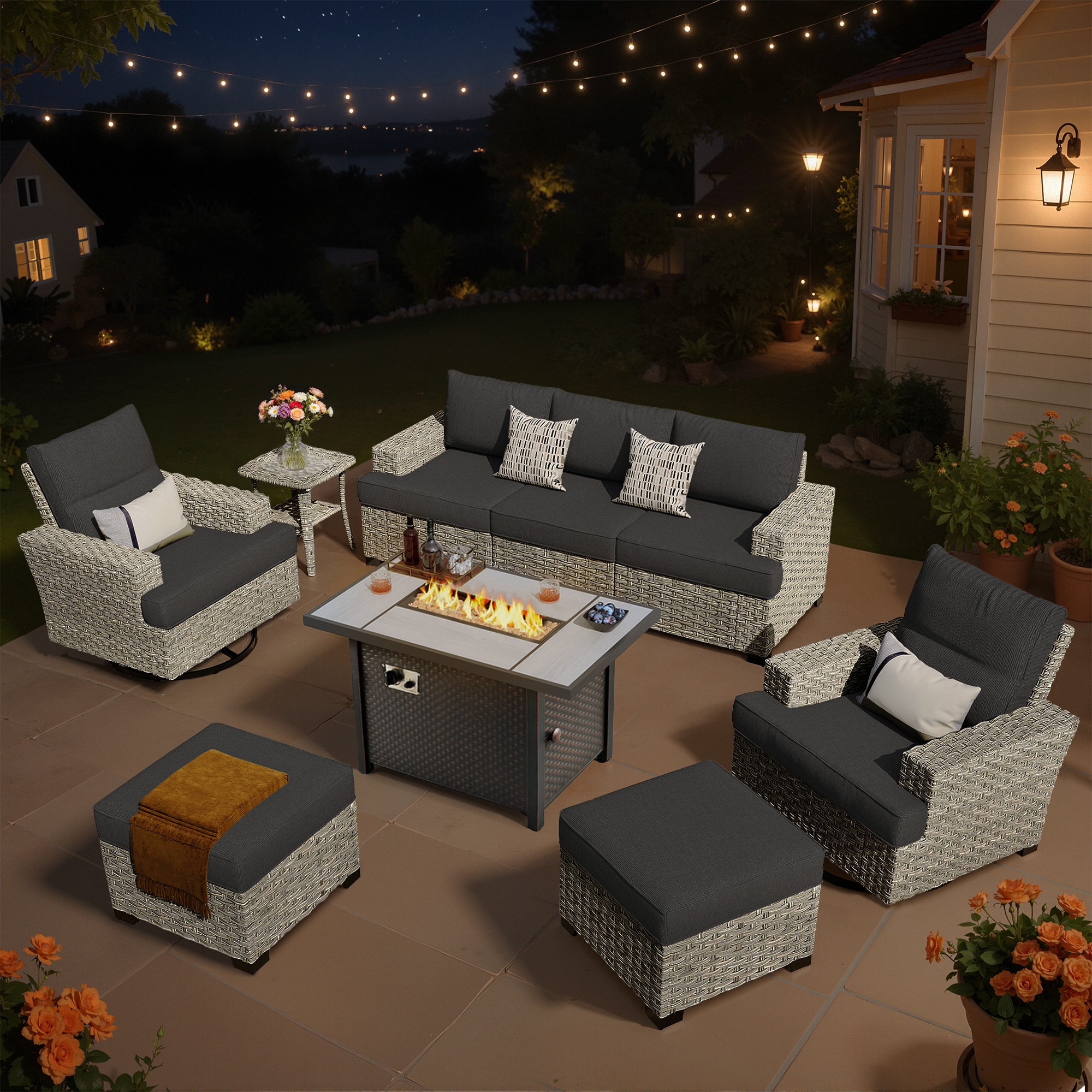 XIZZI XITBS1075-RC3IFP Agate 7 -Piece Rattan Patio Sofa Conversation Set with Black Cushions