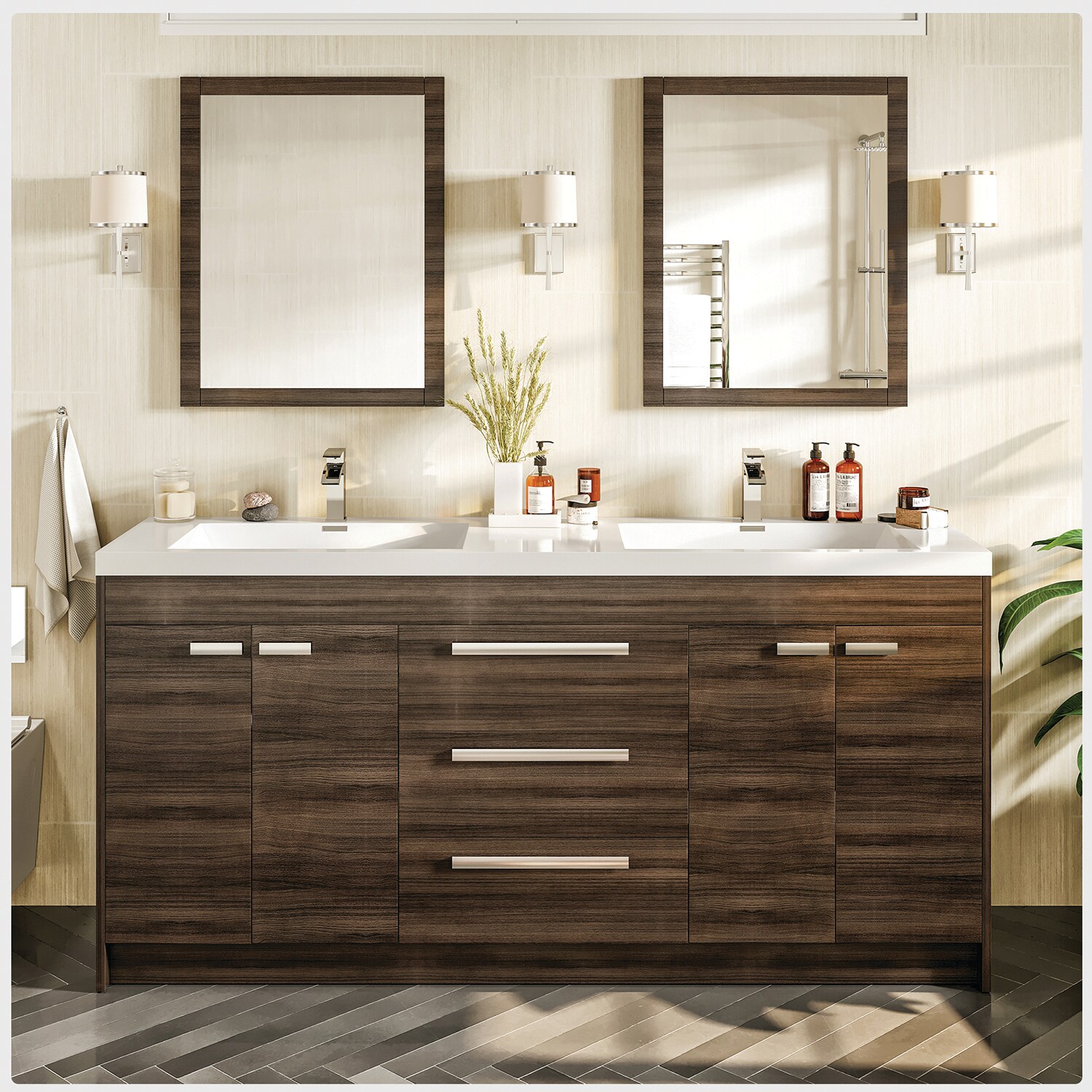 Eviva EVVN1500-8-60GOK Lugano 60-in Brown Double Sink Bathroom Vanity with White Acrylic Top