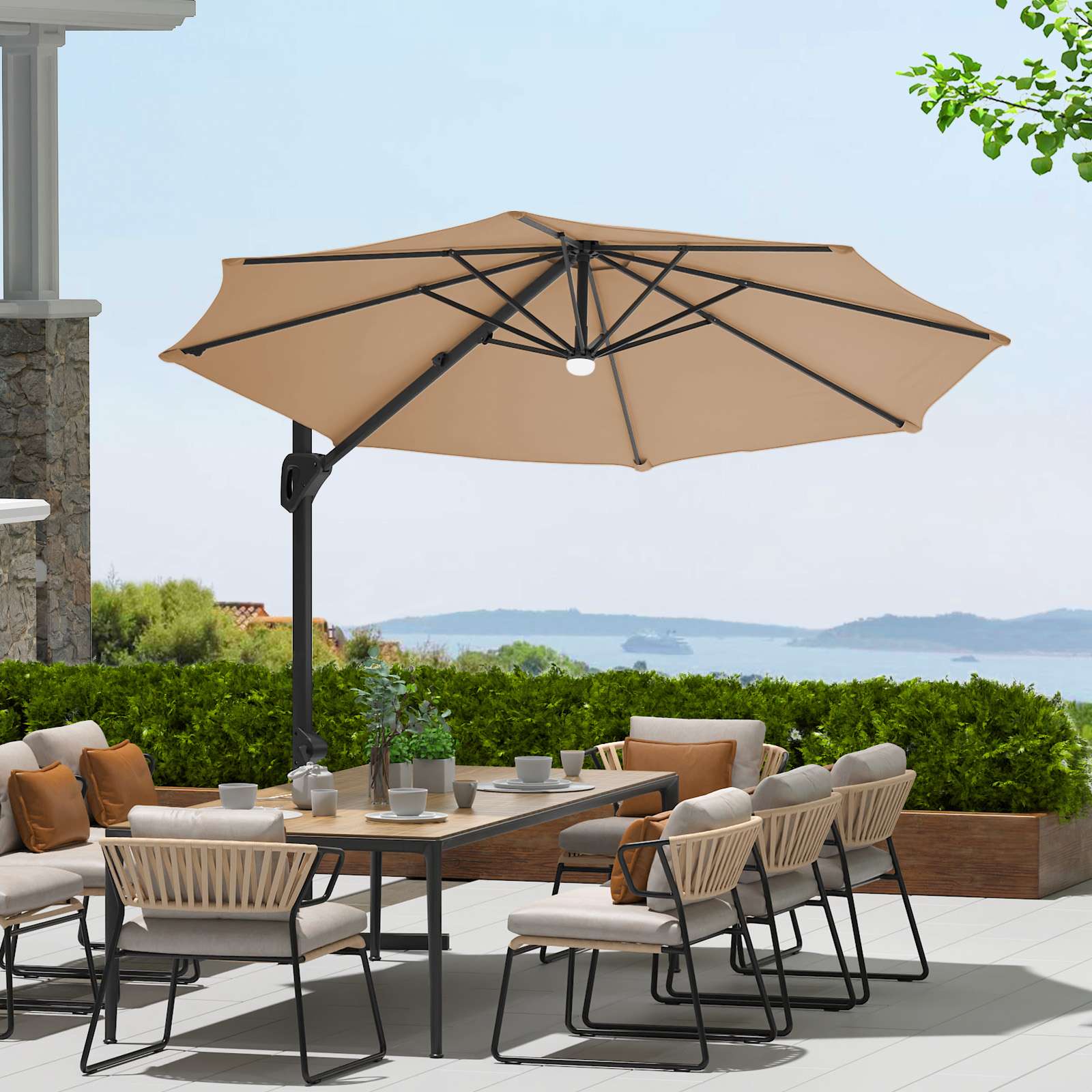 Qeetex SQY-PPG-335NSEVP Solar LED Patio Umbrella 10 Ft Cantilever Umbrella 360 Degree Rotatable UV Protection Outdoor Roman Umbrella For Pool Patio Garden Tan
