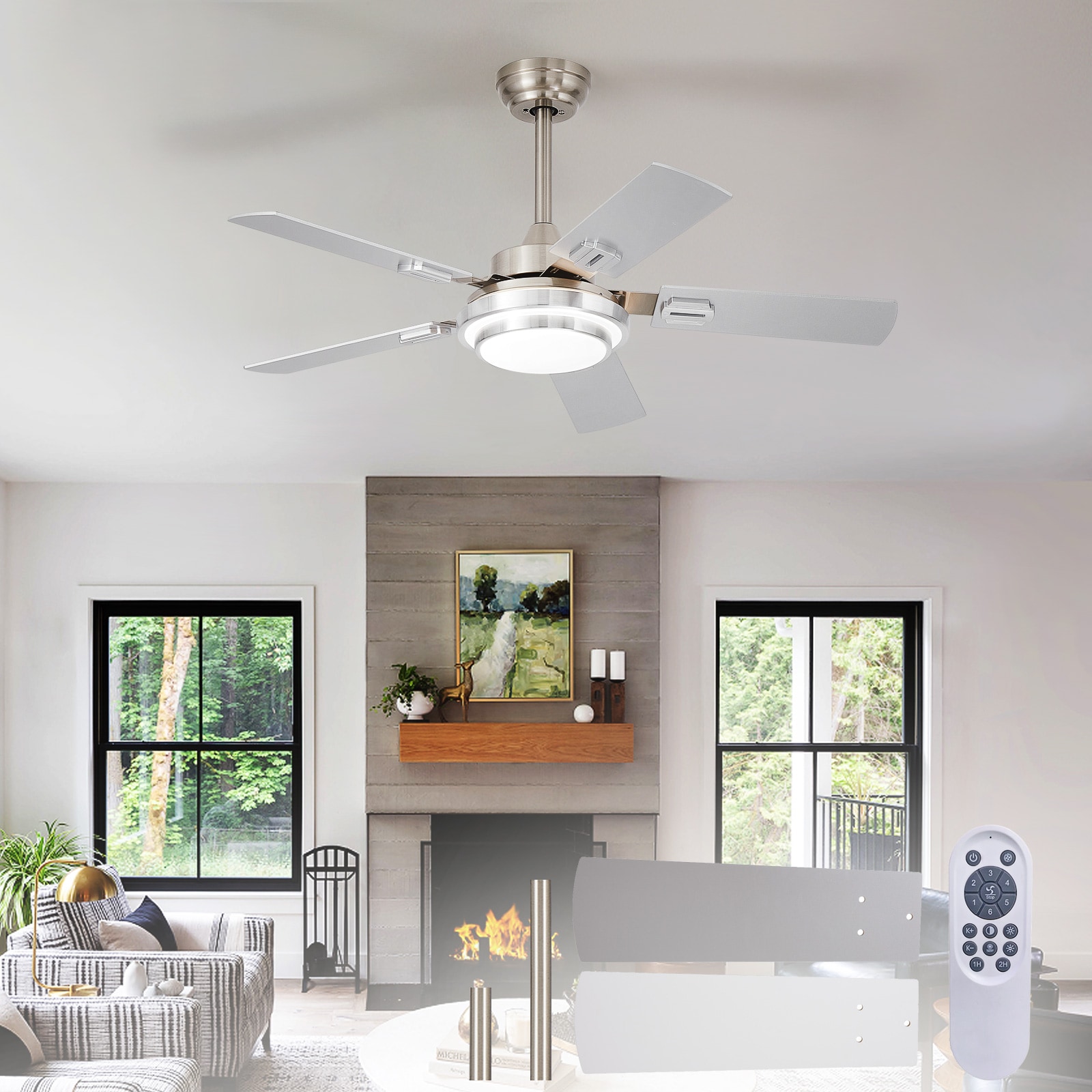 Depuley 187 42-in nickel with silver and white Blades LED Fandelier Ceiling Fan With Light and Remote Control Included 5 -Blade