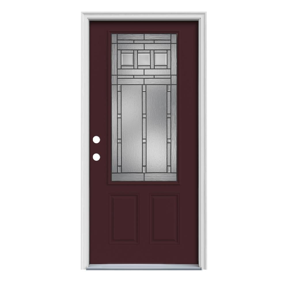 JELD-WEN LOWOLJW166700528 Craftsman 32-in x 80-in x 4-9/16-in Steel 3/4 lite Right-hand inswing Currant Painted Prehung Front Door with Brickmould Insulating core