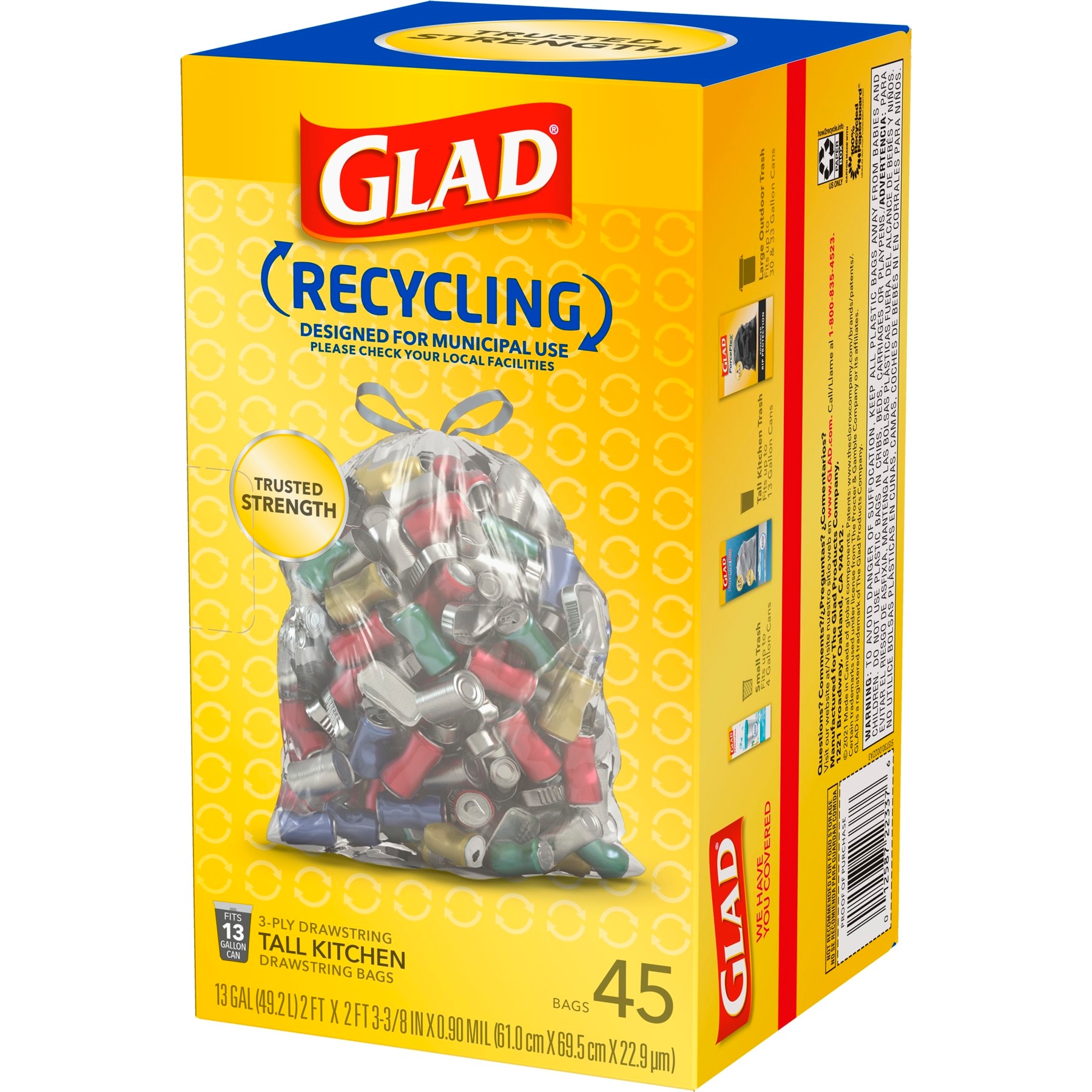 Glad Recycling Tall Kitchen Drawstring Trash Bags Clear 13 Gallon 45 Count  for sale online