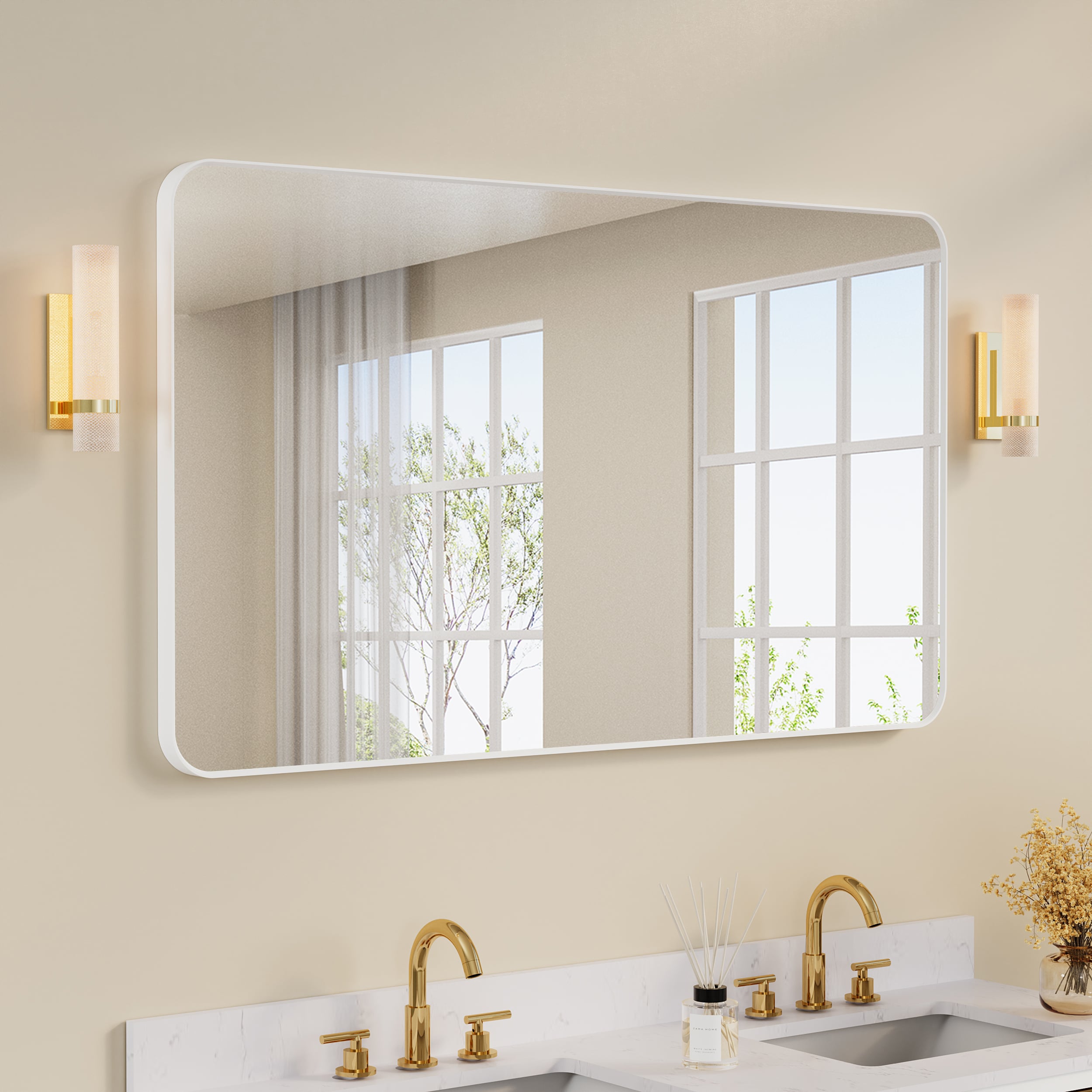 WELLFOR F1MR5532WT Bella 55-in x 32-in Framed Rectangle Bathroom Vanity Mirror ( White )