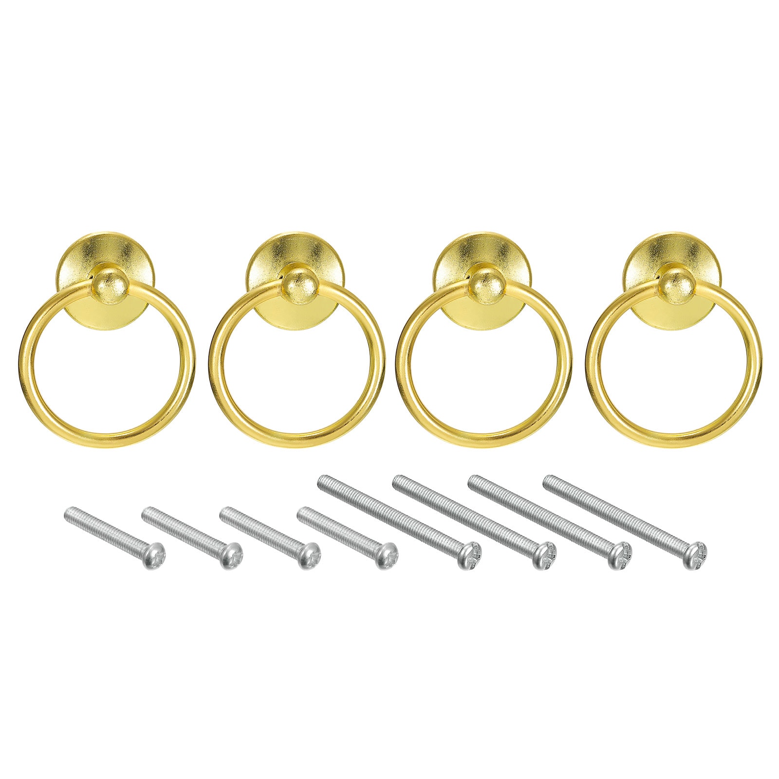 Unique Bargains 4pcs Round Ring Pulls Dresser Knobs Gold Circle Drawer Handles Single Hole for Cabinet Cupboard Wardrobe | S25093000UX5465