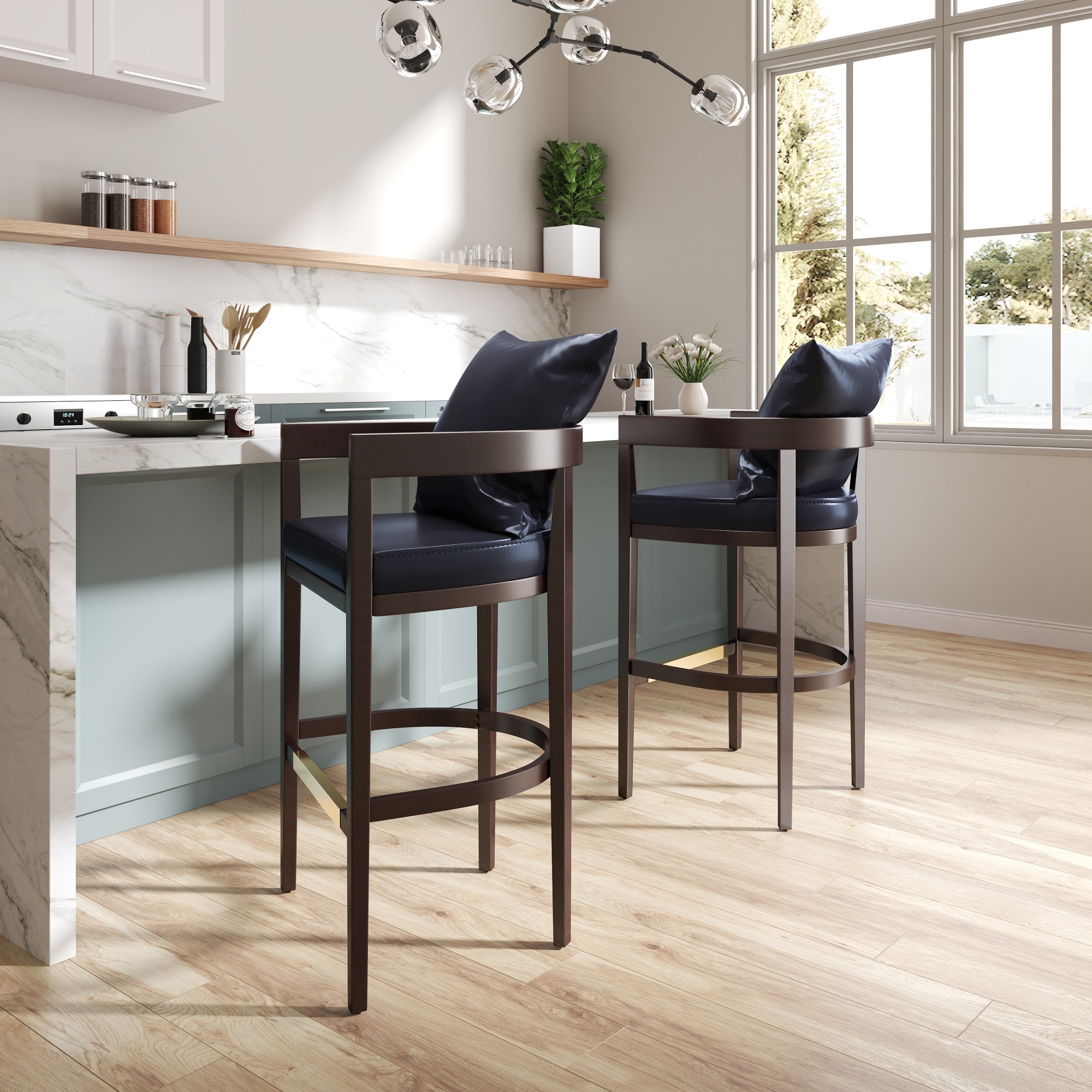 Manhattan Comfort 2-CS006-BK Set of 2 Black and Dark Walnut 26.5-in H Counter height (24-in to 27-in) Square Seat Upholstered Wood Back Bar Stool with Arms and Back