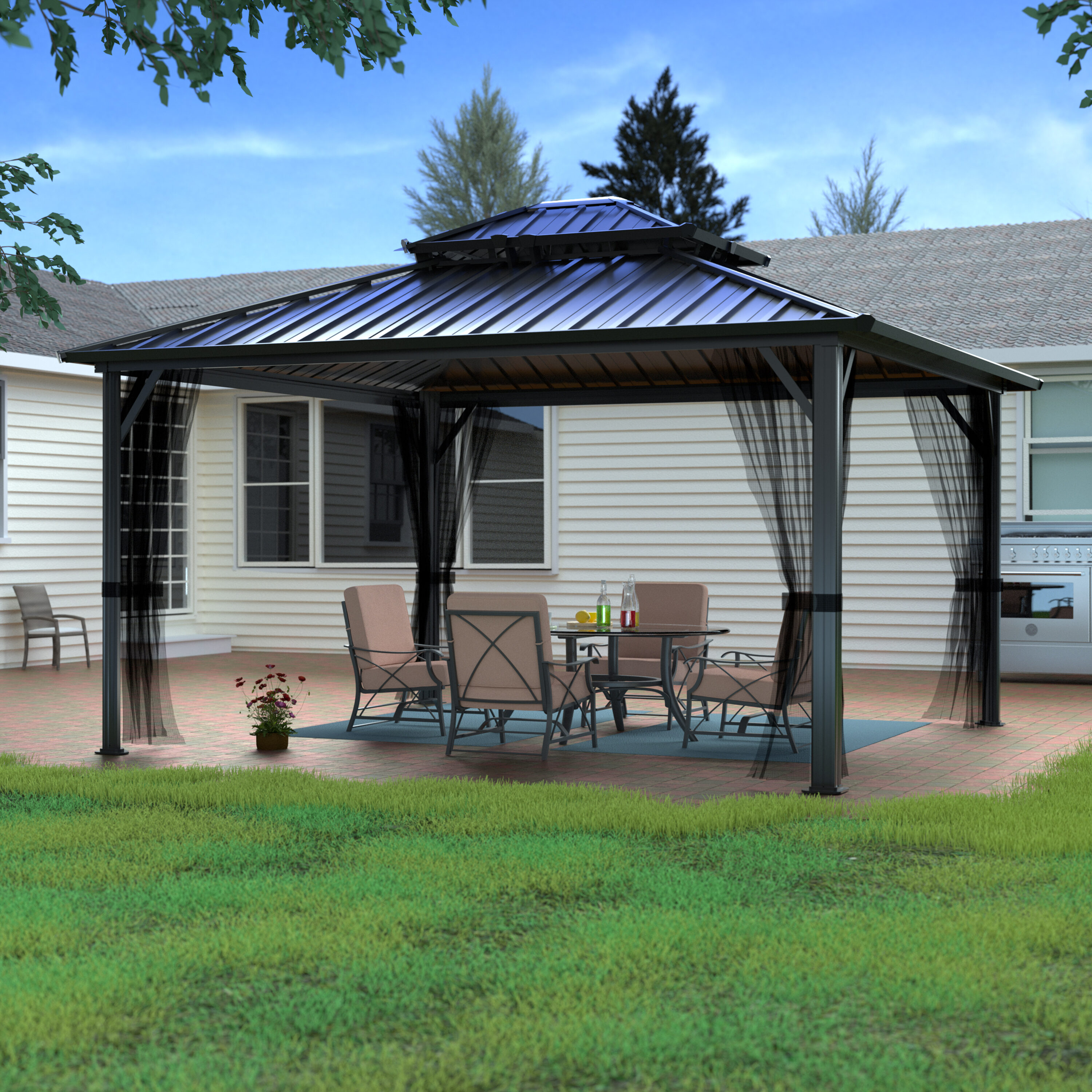 VEIKOUS 12-ft x 12-ft Hard top Square Black Metal Steel Roof