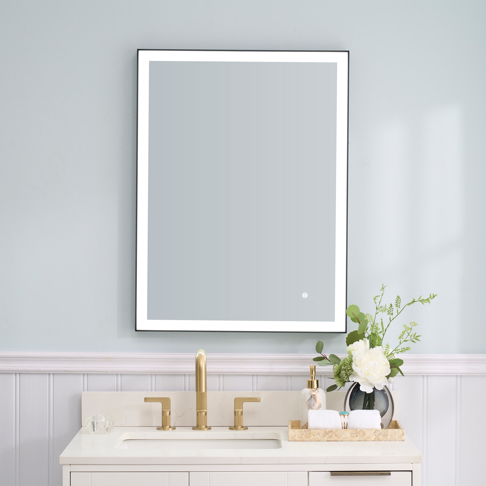 WELLFOR W5FM2432MB RECA Framed LED Mirror 24-in x 32-in Framed Rectangle Dimmable LED Lighted Fog Free Bathroom Vanity Mirror ( Matte Black )