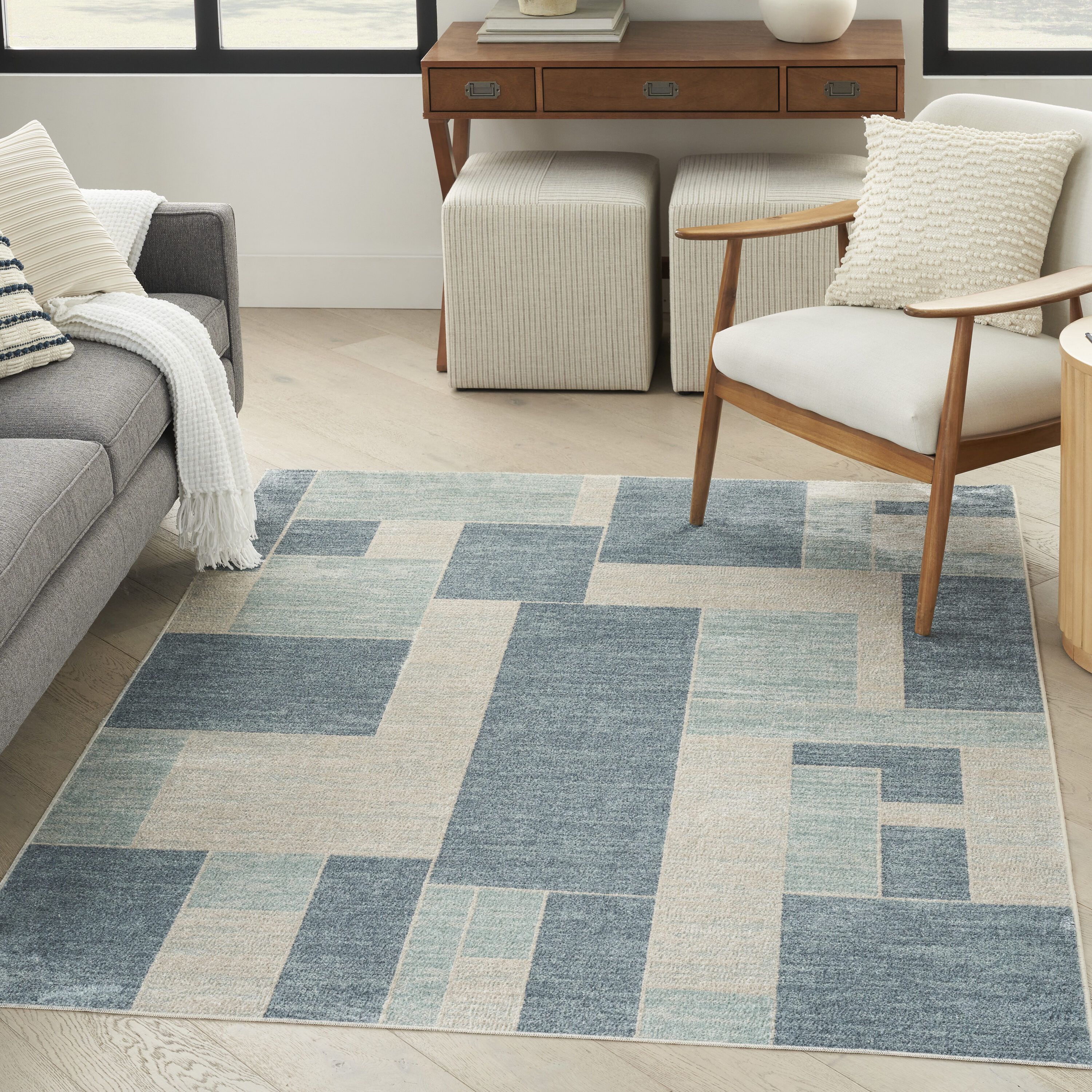 Nourison Home 099446944511 Astra Machine Washable 4 x 6 (ft) Loomed Polyester Blue Ivory Rectangular Indoor Geometric Mid-Century Modern Machine washable Area rug