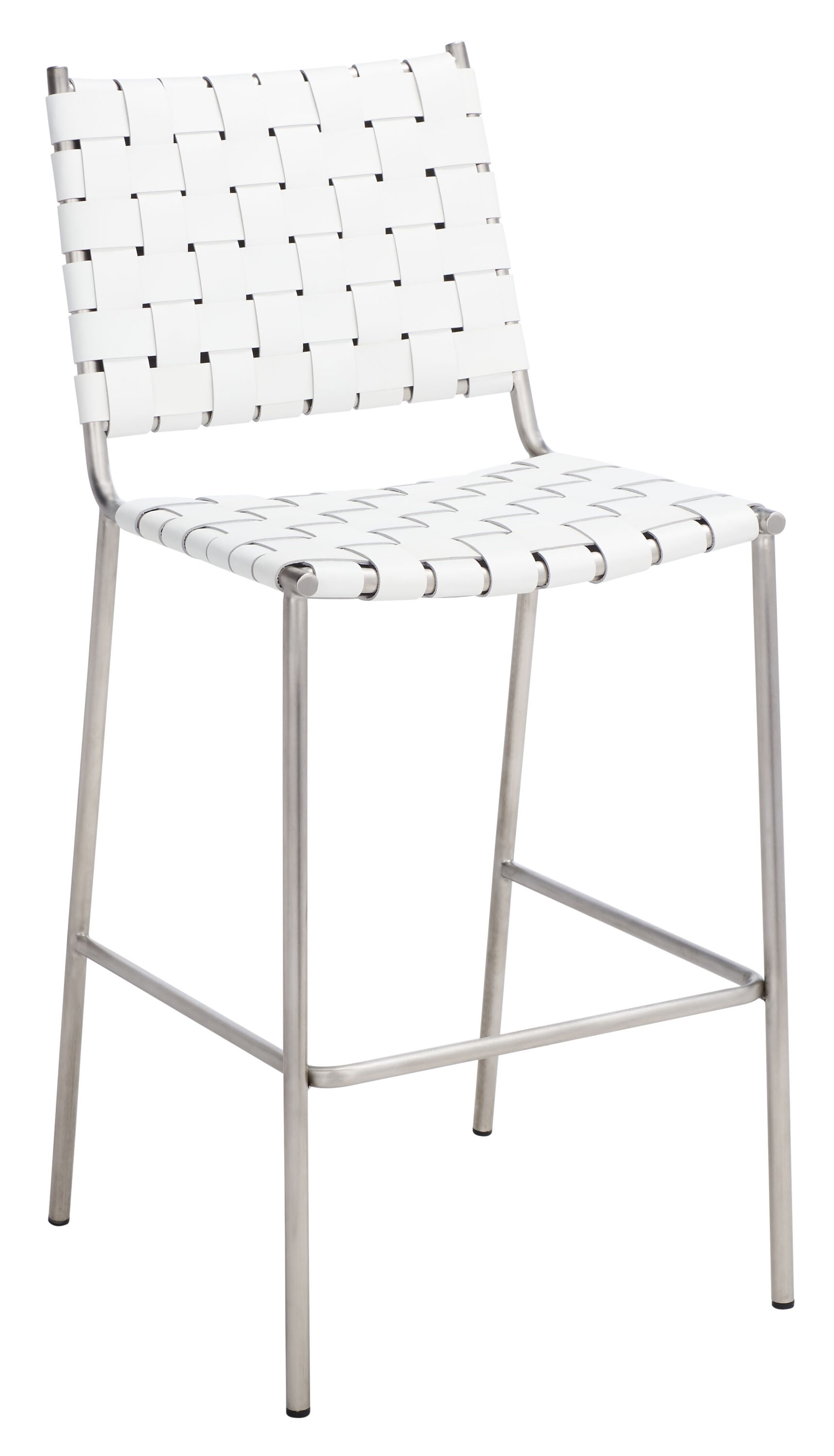 Saddle Style Woven White Leather Counter Stool with Silver Metal Base