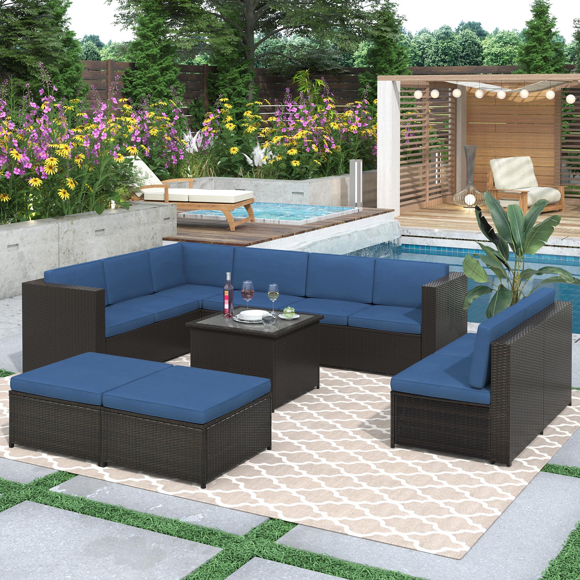Bayfeve BFUS-276AC 9 -Piece Rattan Patio Conversation Set with Blue Cushions