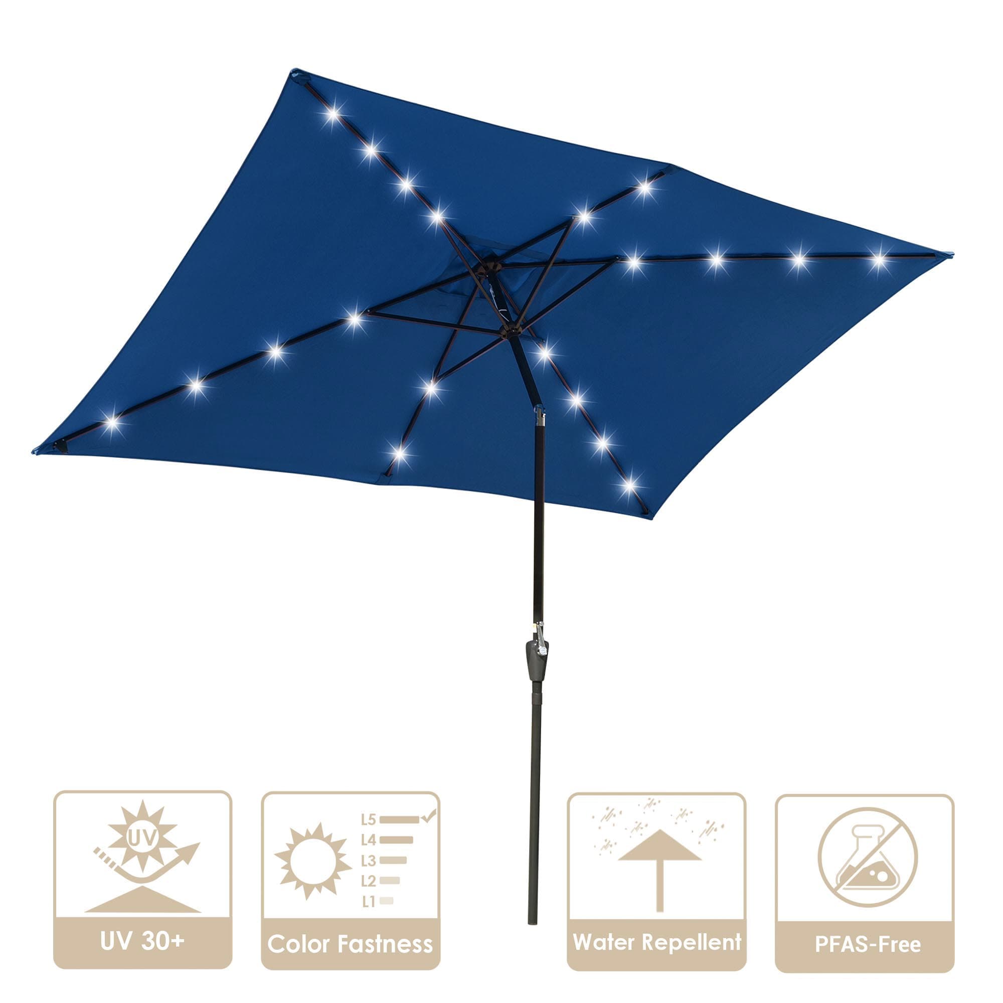 Yescom 07UMB011-10X6-NAV-LO 10x6.5FT Rectangle Outdoor Solar LED Patio Umbrella with Crank Tilt for Table Market Yard Deck Pool Party Navy