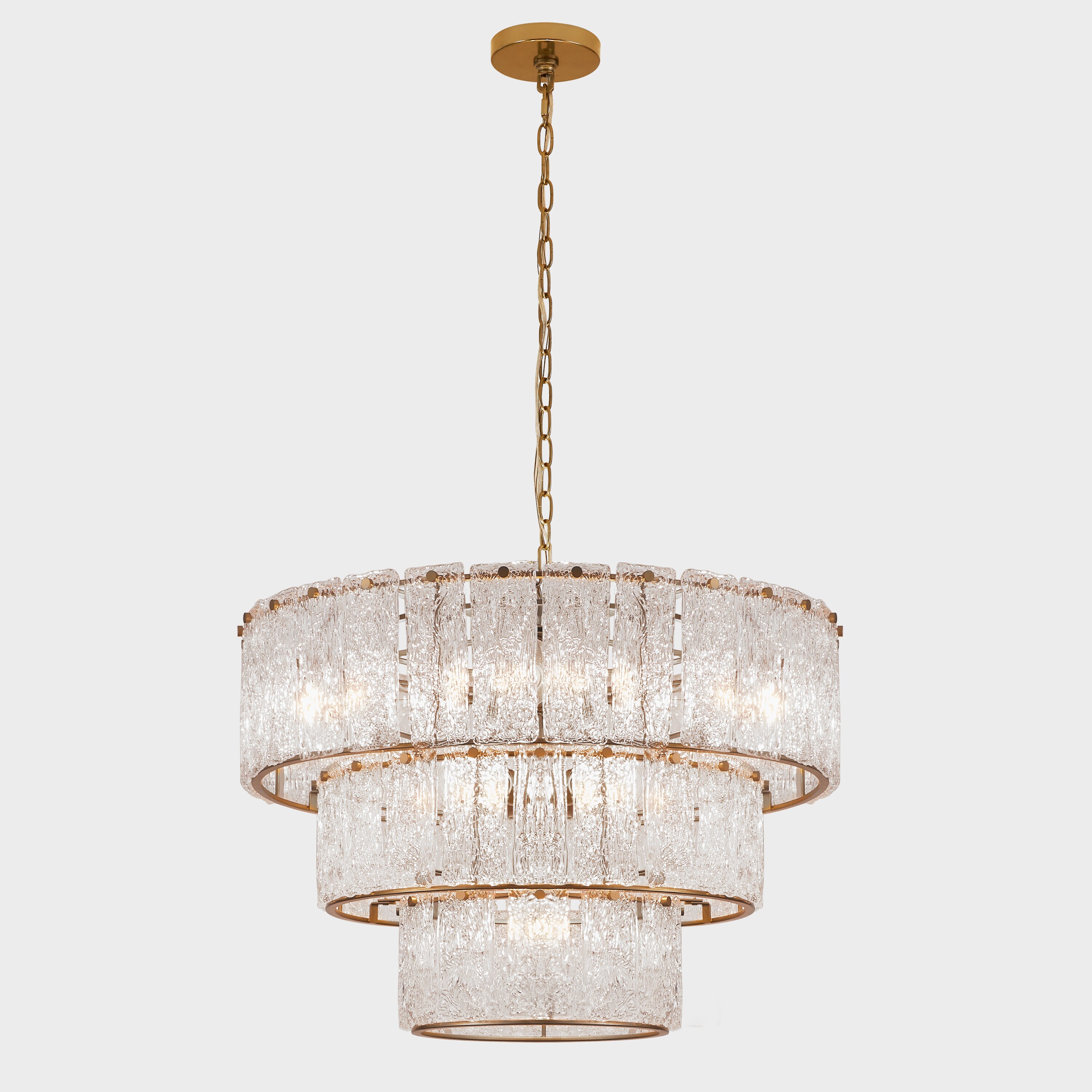 Distressed Gold 8-Light 3-Tiered Glass Drum Chandelier