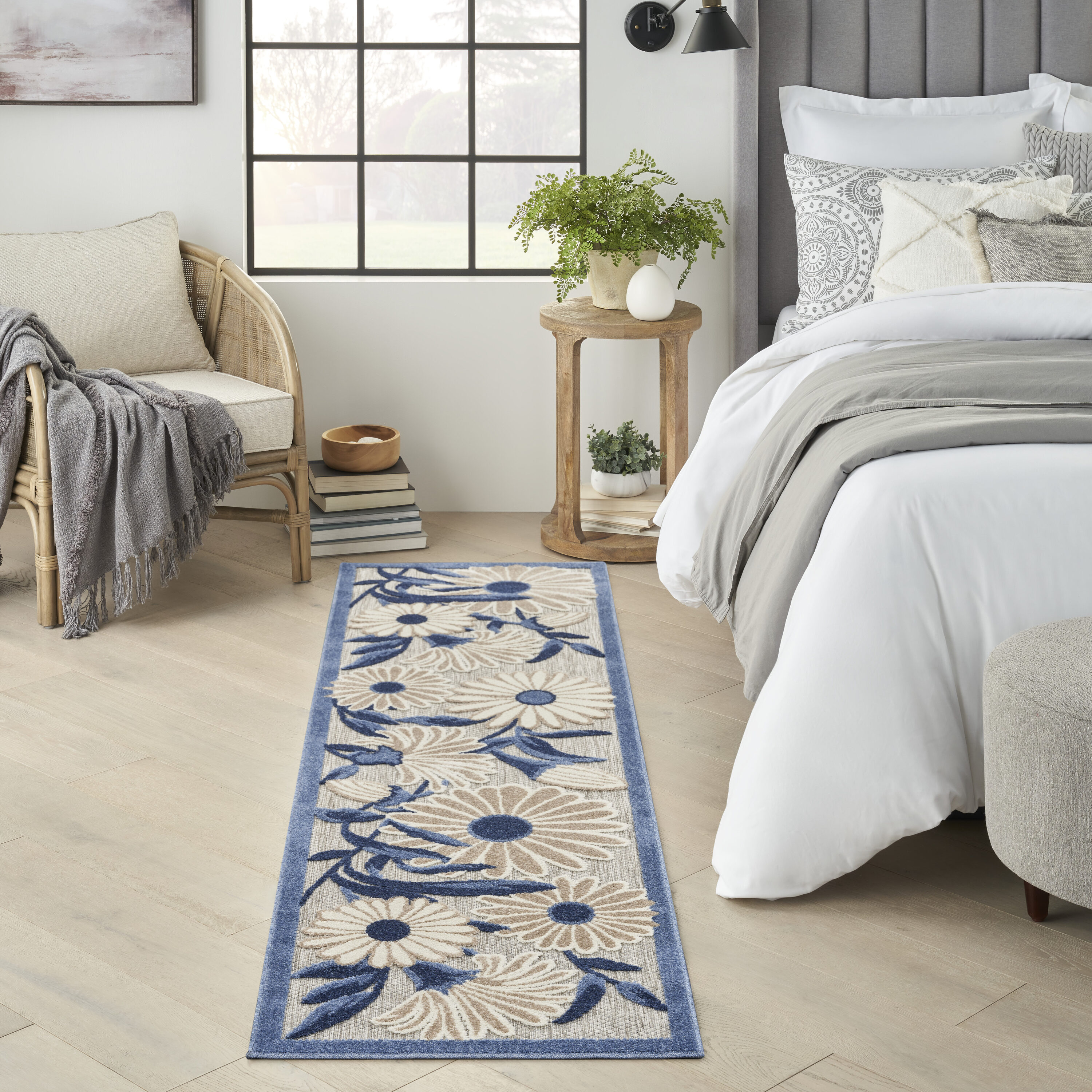 Nourison Home 099446965127 Aloha 2 x 6 (ft) Loomed Polypropylene Blue Grey Rectangular Indoor/Outdoor Floral/Botanical Runner rug