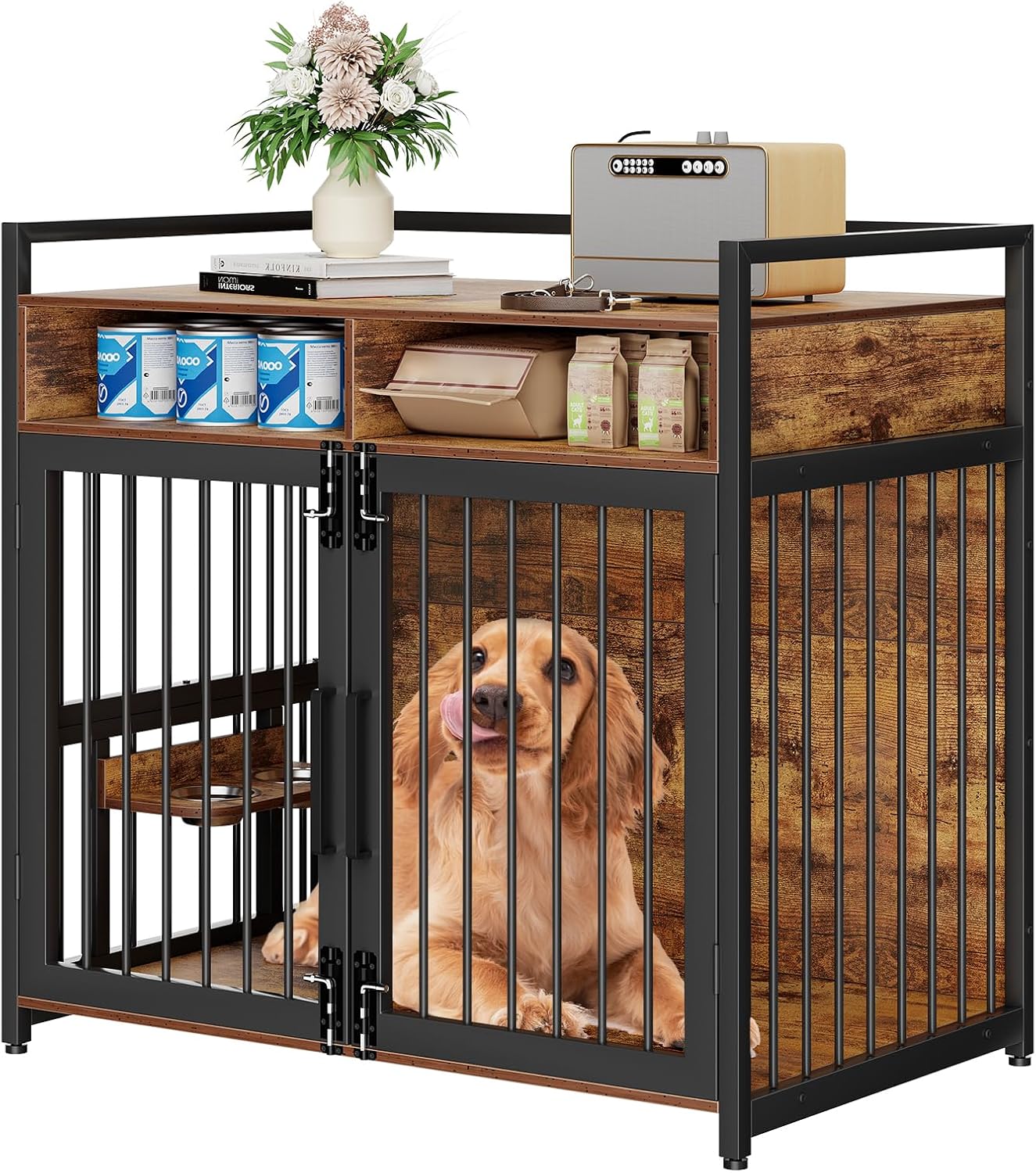 Qeetex Large Dog Crate Furniture 48inch Furniture Dog Crate with Drawers Storage 360and Adjustable Raised Feeder Wooden Dog Crate for Large/Medium Dog Indoor Brown 48inch
