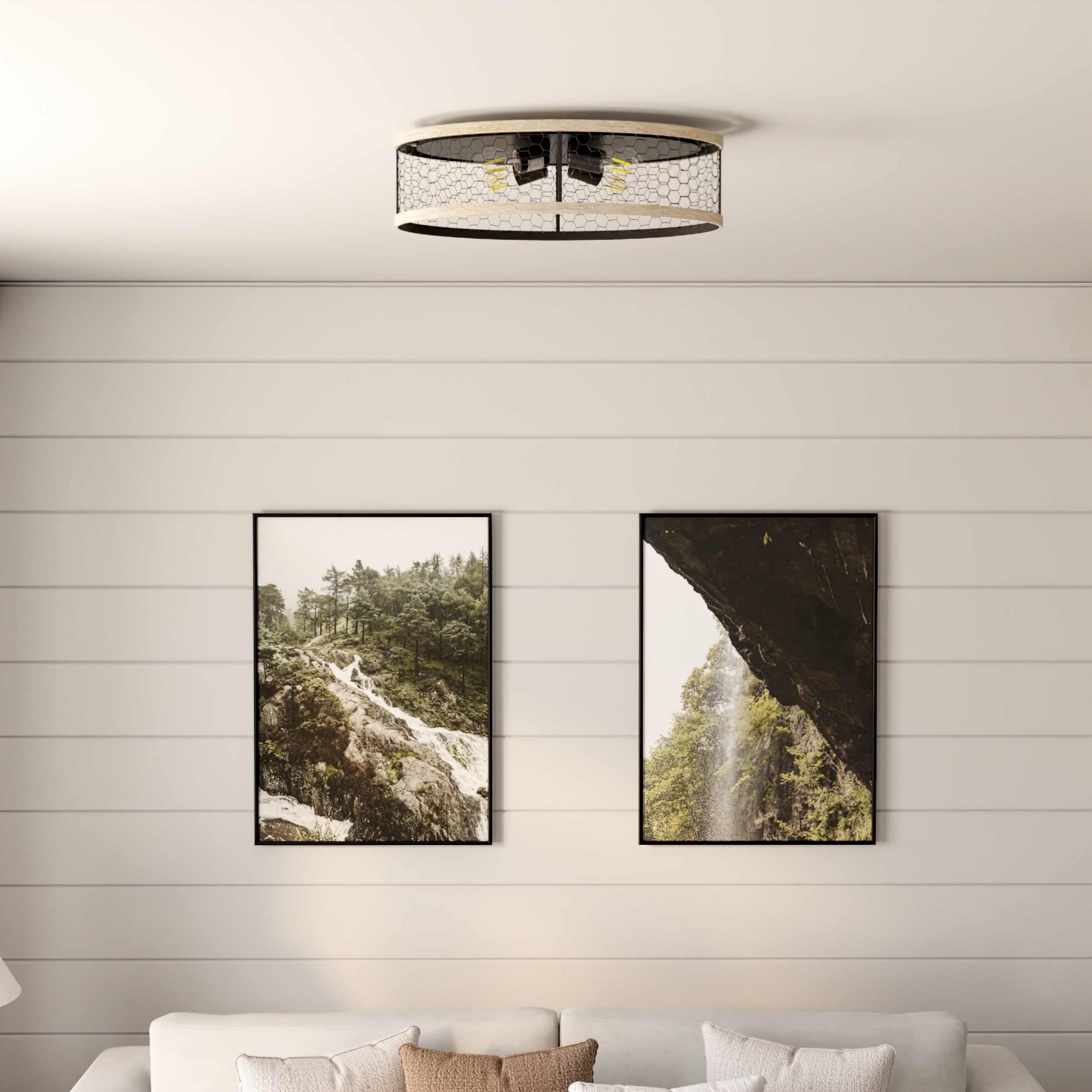 Matte Black and Faux Wood Rustic Flush Mount Light