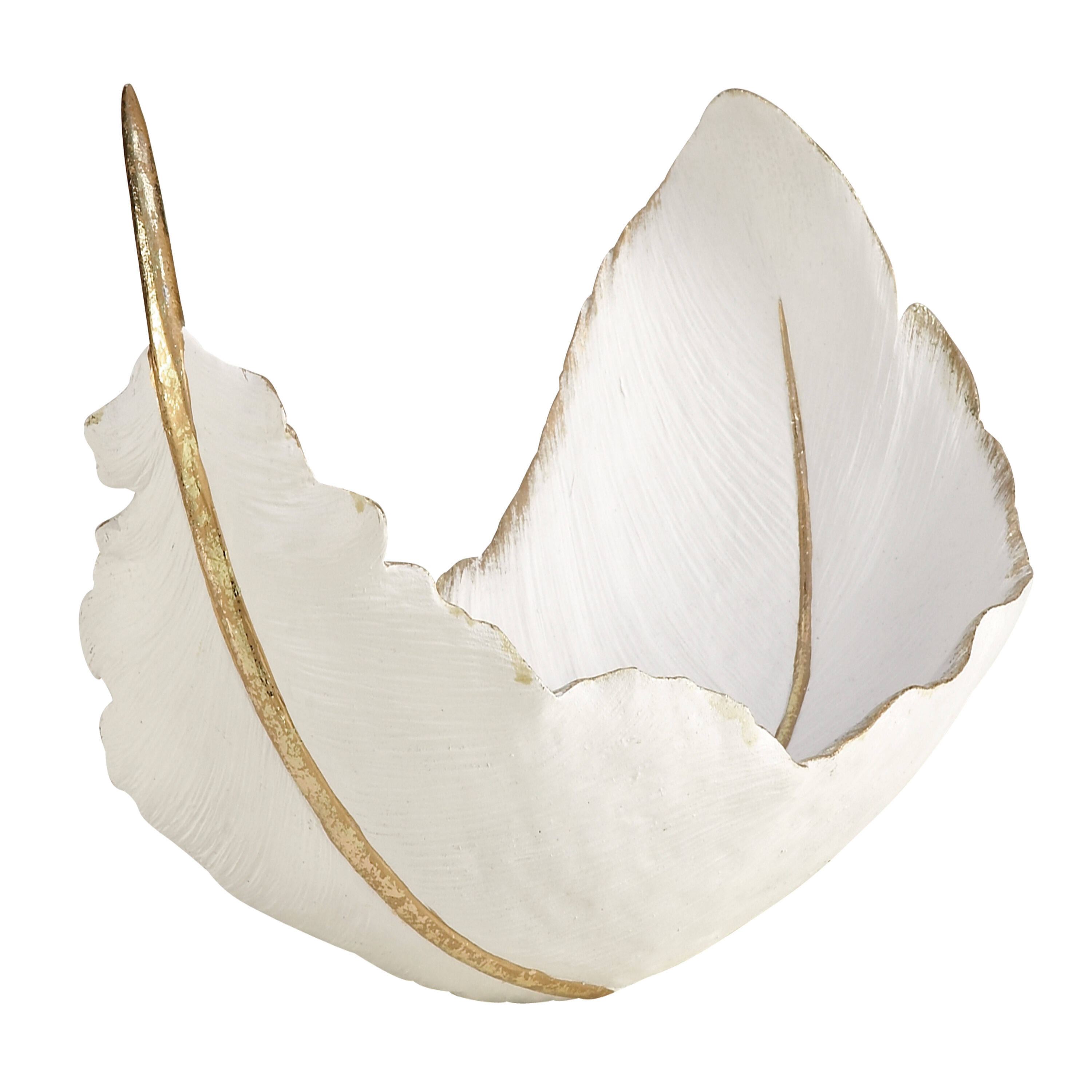 Elegant Oval White and Gold Polystone Feather Decorative Bowl