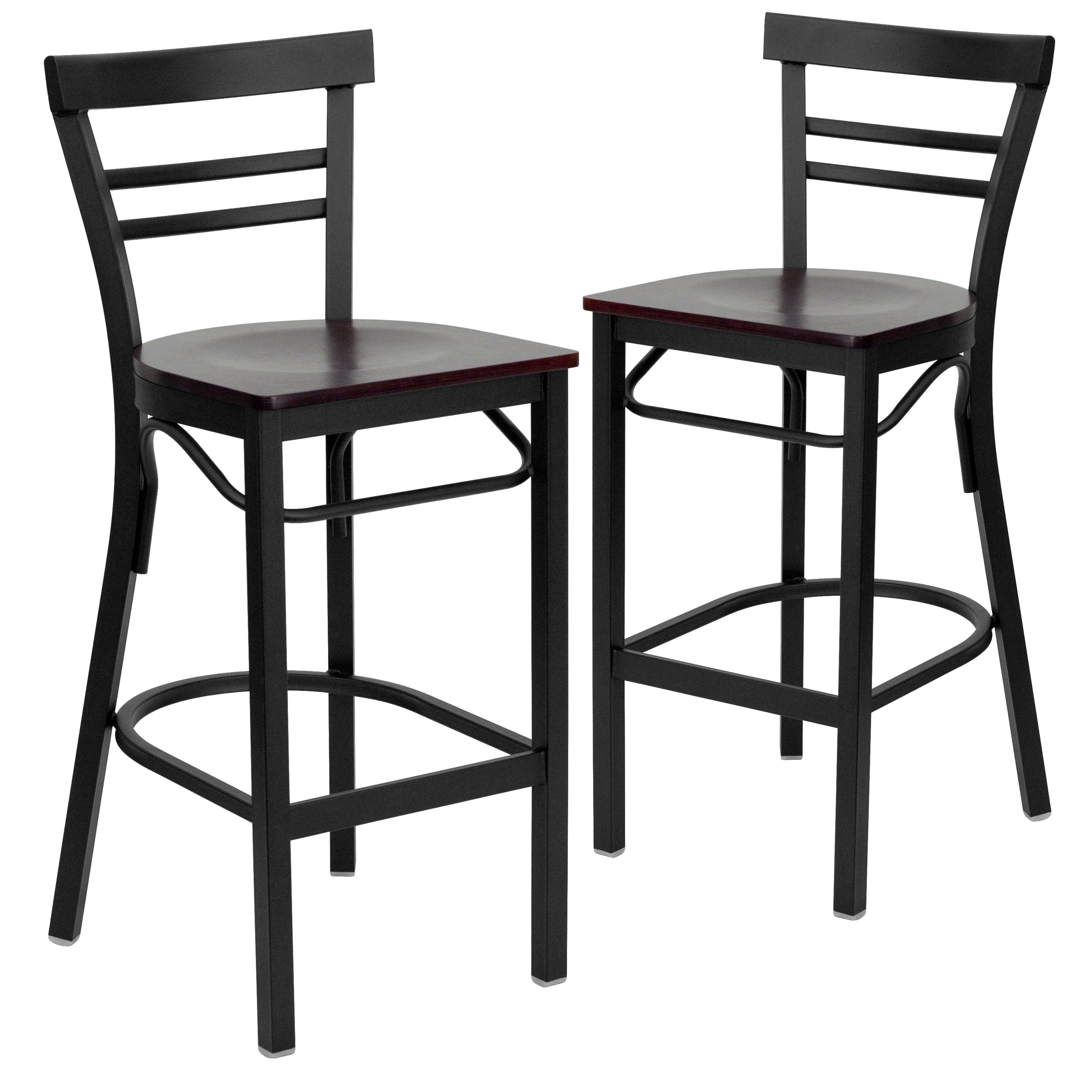Flash Furniture 847254000963 2 Pk. HERCULES Series Black Two-Slat Ladder Back Metal Restaurant Barstool - Mahogany Wood Seat