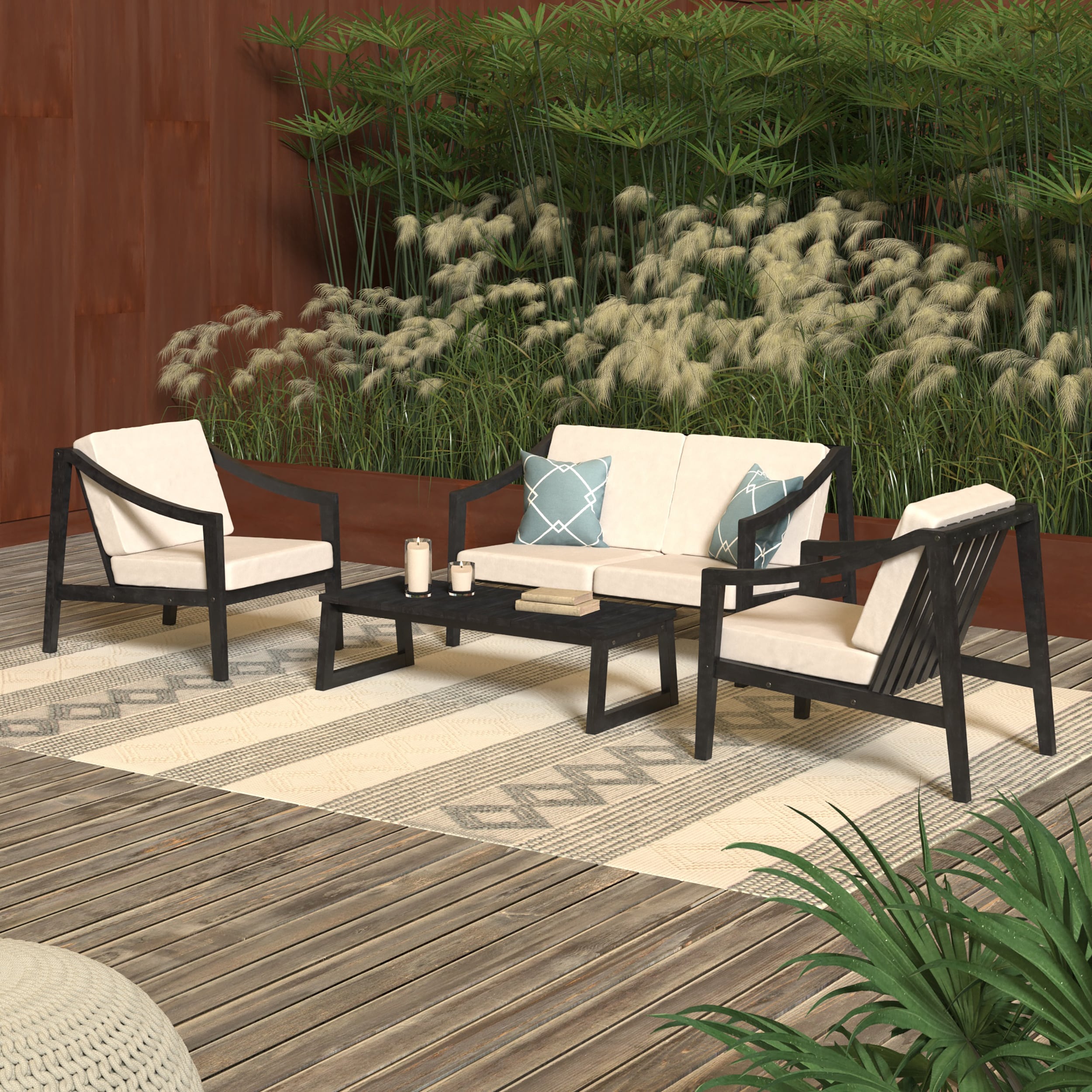 Walker Edison LWCOOD4PCSBL Cologne 4 -Piece Patio Conversation Set with Tan Cushions