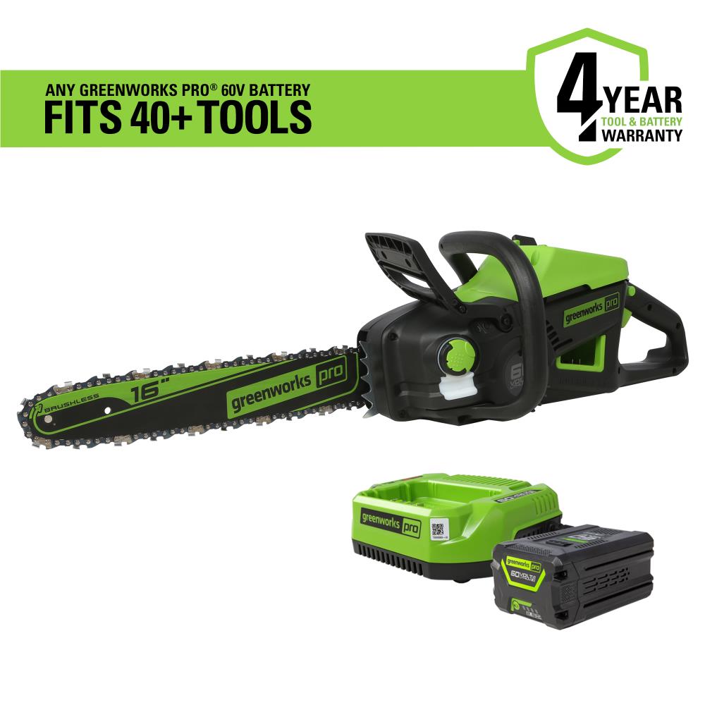 Greenworks 60V 16 in. Cordless Lithium Brushless Chainsaw 2.5 Ah Battery &  Charger, 42cc 2kW Gas Chainsaw Equivalent, 2019202 at Tractor Supply Co.