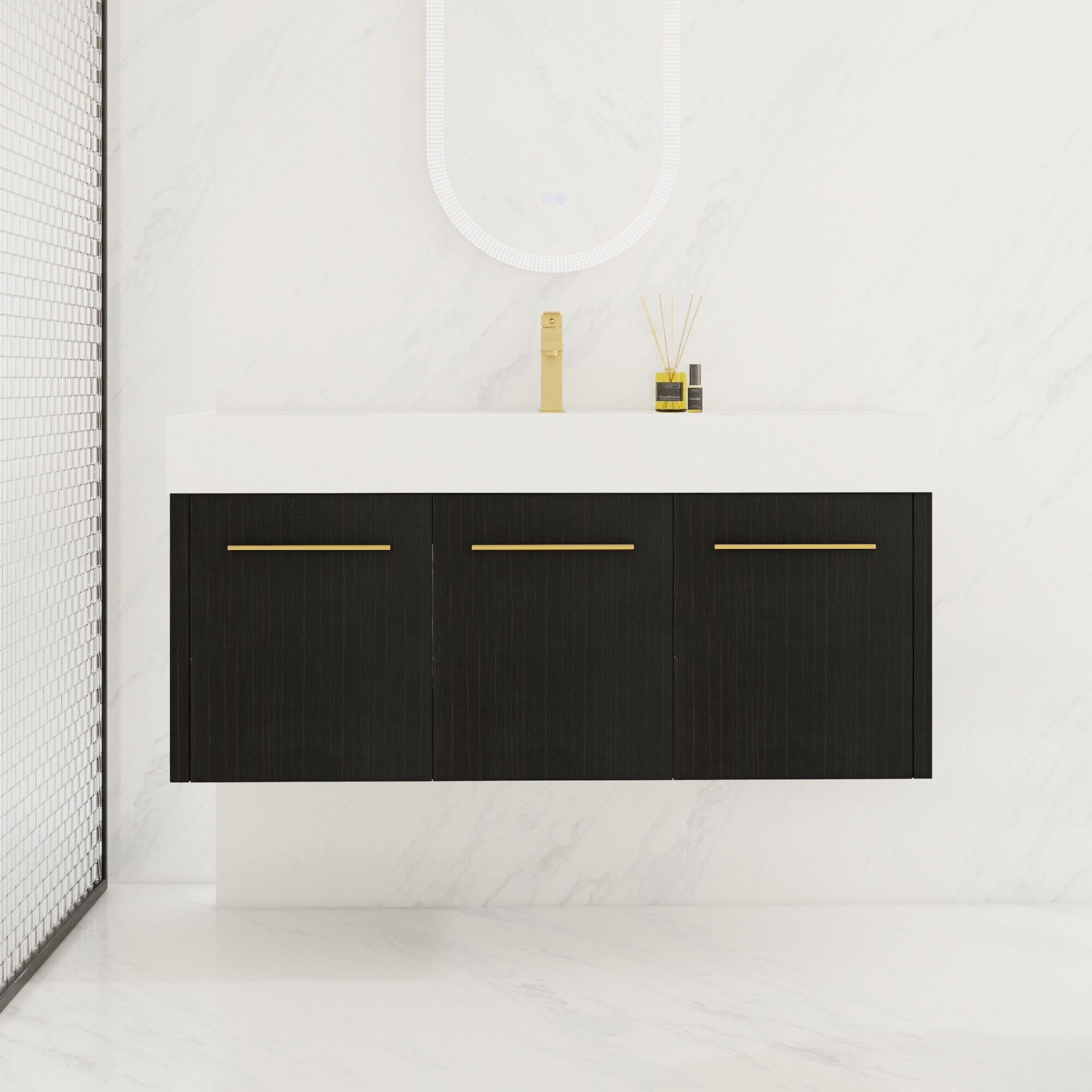 Forclover QNM-0140-IMO 48-in Black Chestnut Single Sink Floating Bathroom Vanity with White Cultured Marble Top