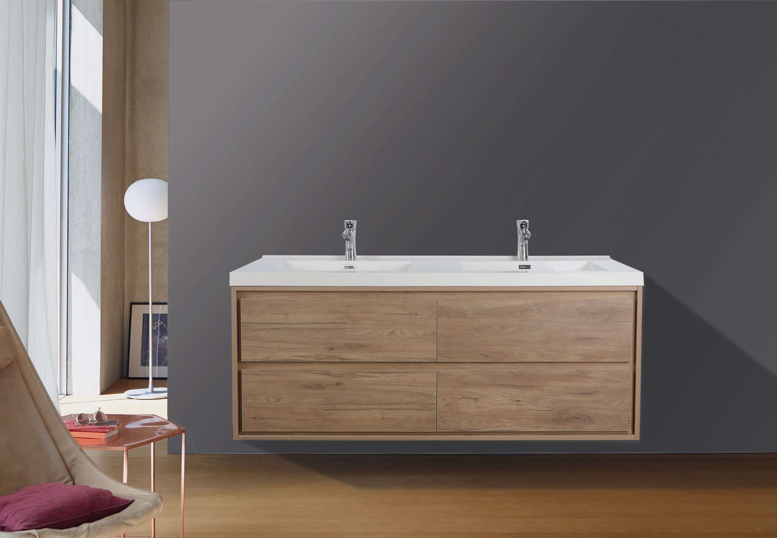 Moreno Bath MOM848D-HG Sage 48-in White Oak Double sink Floating Bathroom Vanity with Glossy white Acrylic Top