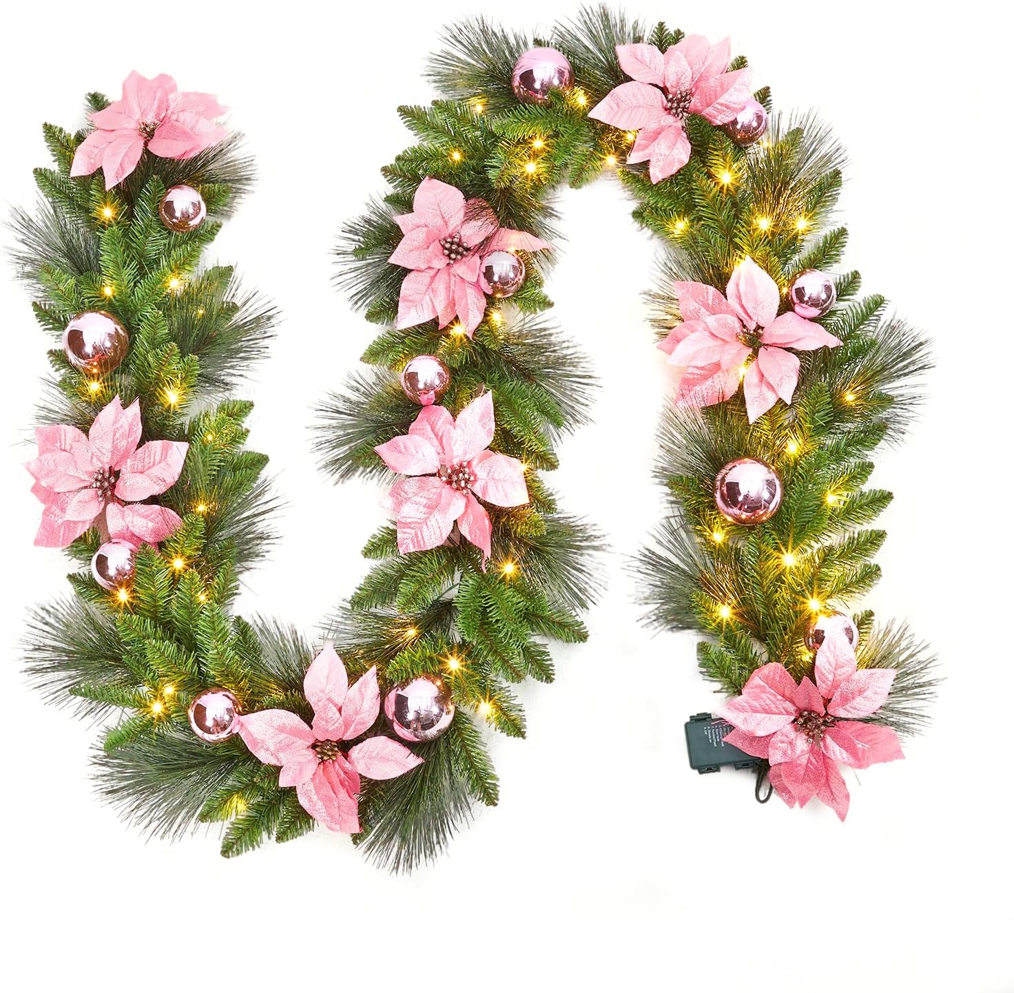 Der Rose Pre-Lit 9 ft/ 108 in Christmas Garland with LED Lights Decorated with Pine Cones Christmas Ball Lighted Garland Christmas Decoration Pink