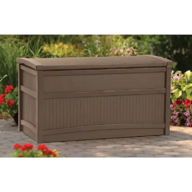 50 Gallon Brown Plastic Deck Box, Suncast 50 Gallon Patio Bench With Storage Decorative Resin Outdoor