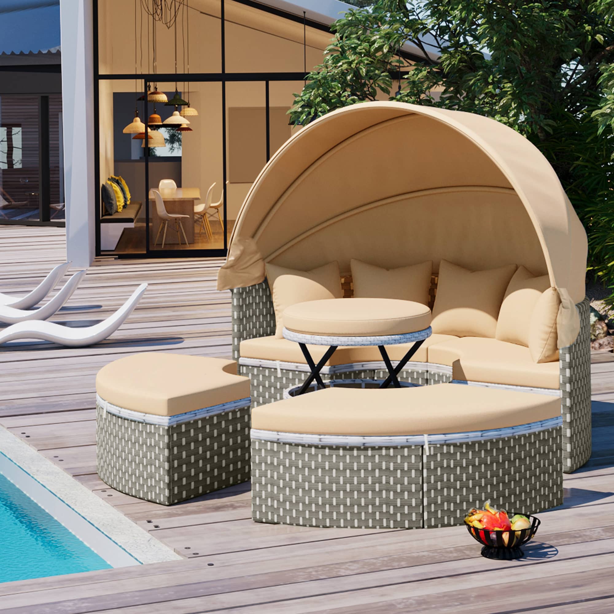 ModernLuxe L-SP100023AAC Patio Furniture Round Outdoor Sectional Sofa Set Rattan Daybed Two-Tone Weave Sunbed with Retractable Canopy, Separate Seating and Removable Cushion, Light Coffee 5 -Piece Rattan Patio Conversation Set with Brown Cushions