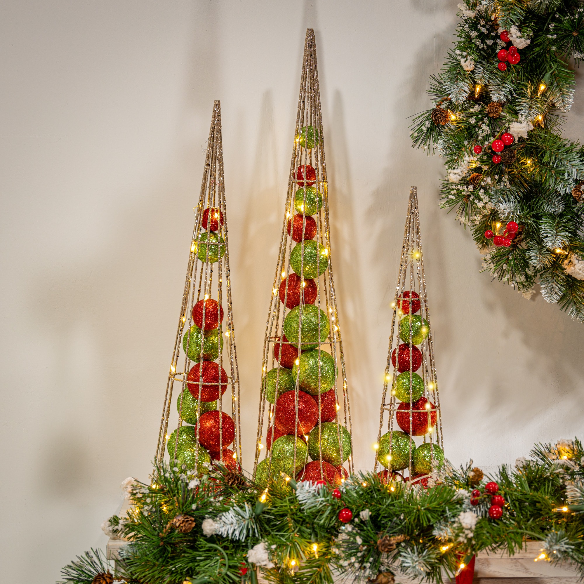 Set of 3 Lighted Red and Green Ornament Cone Trees