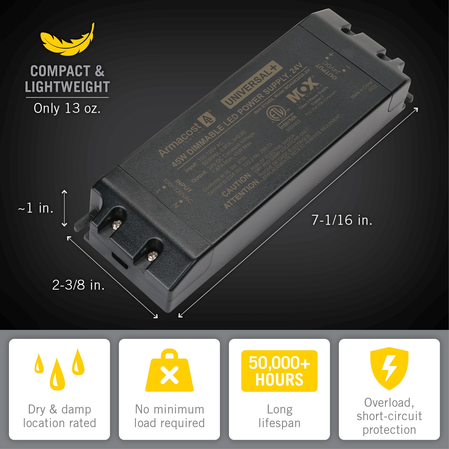 Black 24V DC Dimmable LED Driver Power Supply
