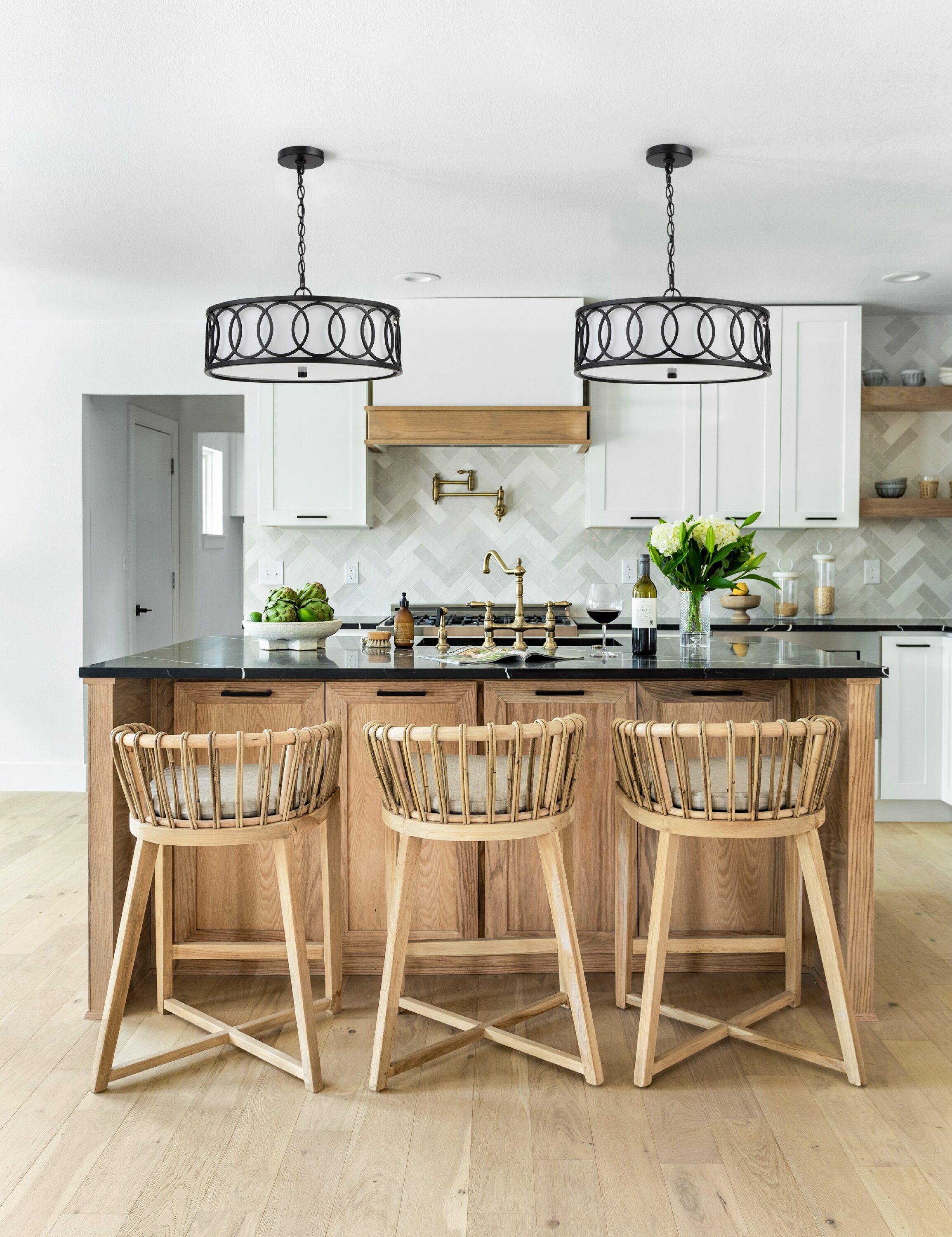 Matte Black Mini Drum 6-Light Chandelier with White Silk Shade