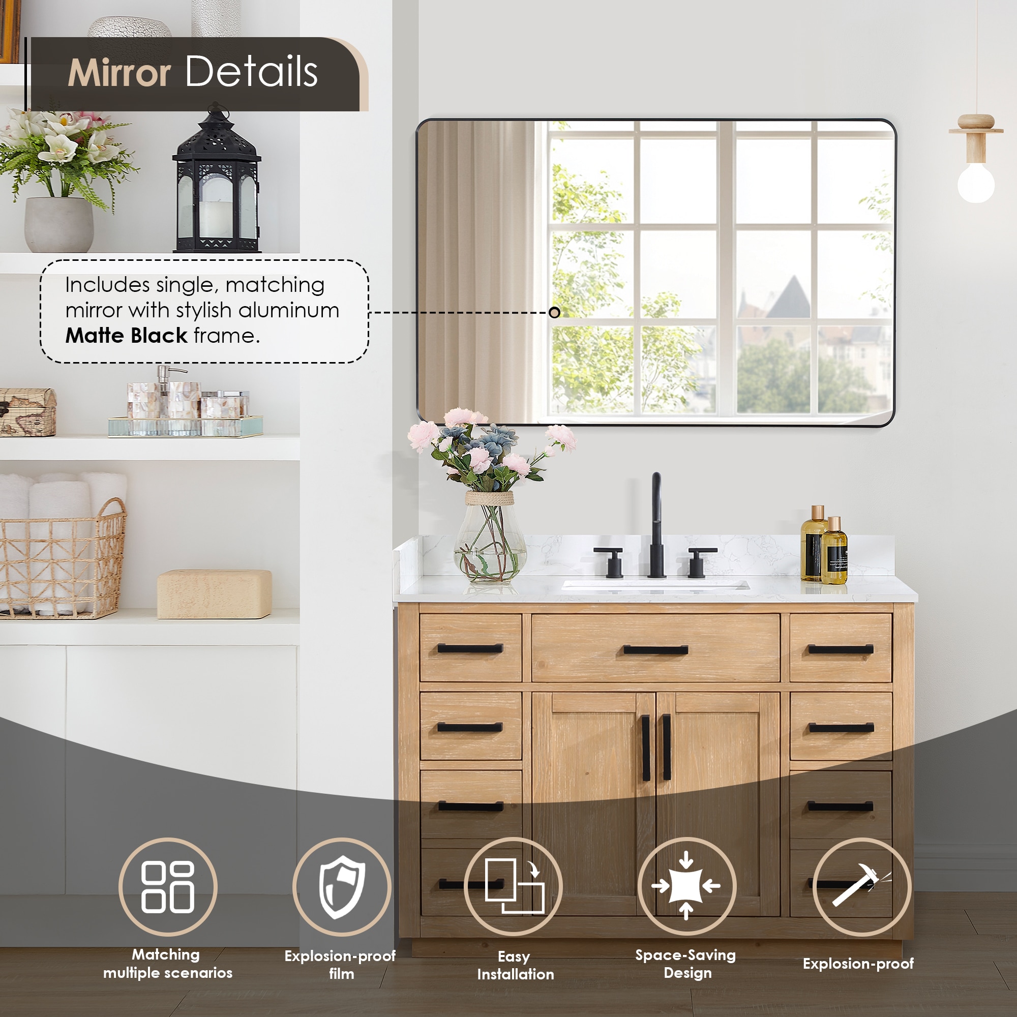 Gavino 48" Light Brown Wood Vanity with Mirror and Stone Top