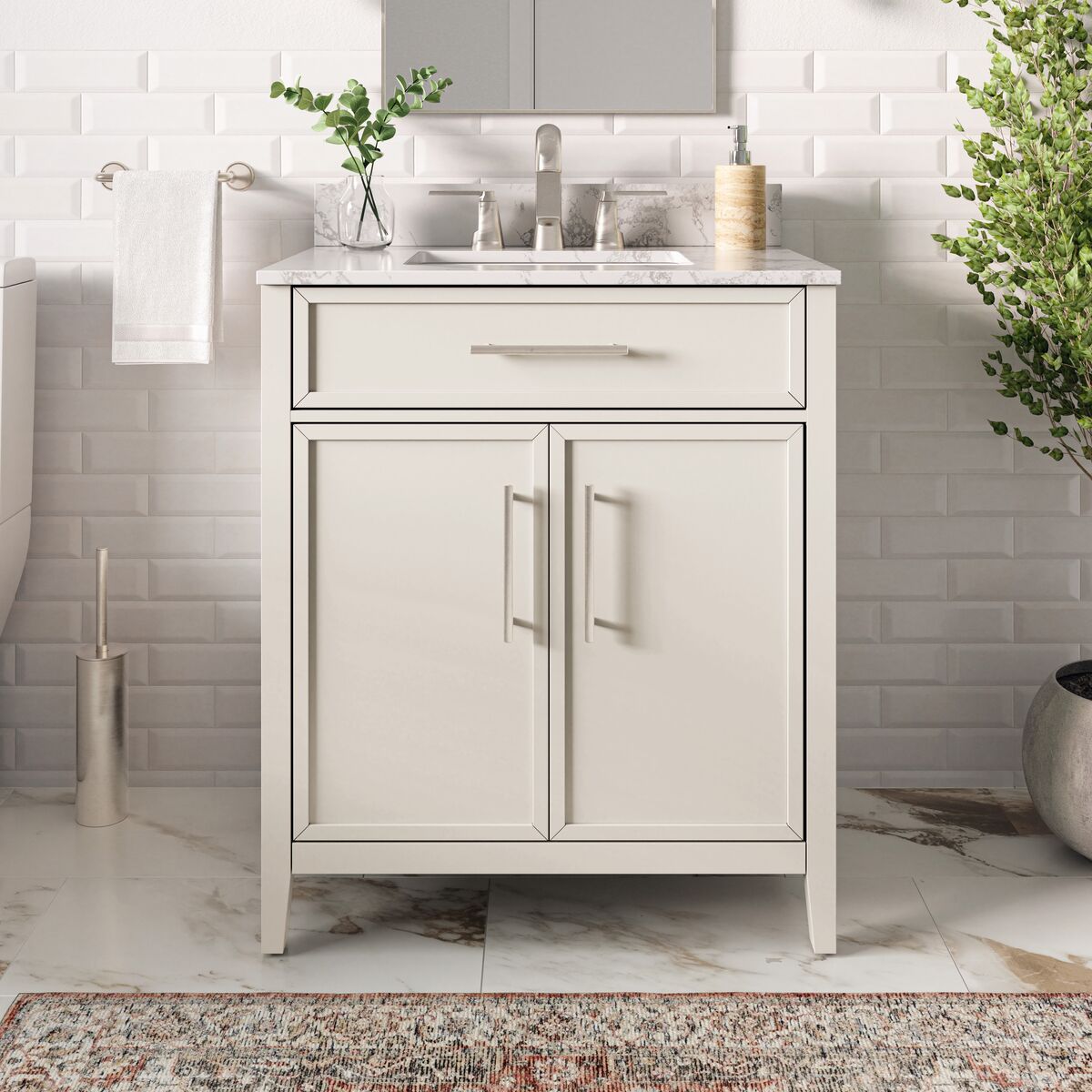 Sybil 30-in Bone White Undermount Single Sink Bathroom Vanity with White Engineered Calacatta Veined Engineered Stone Top | - Origin 21 LWS30BMSV