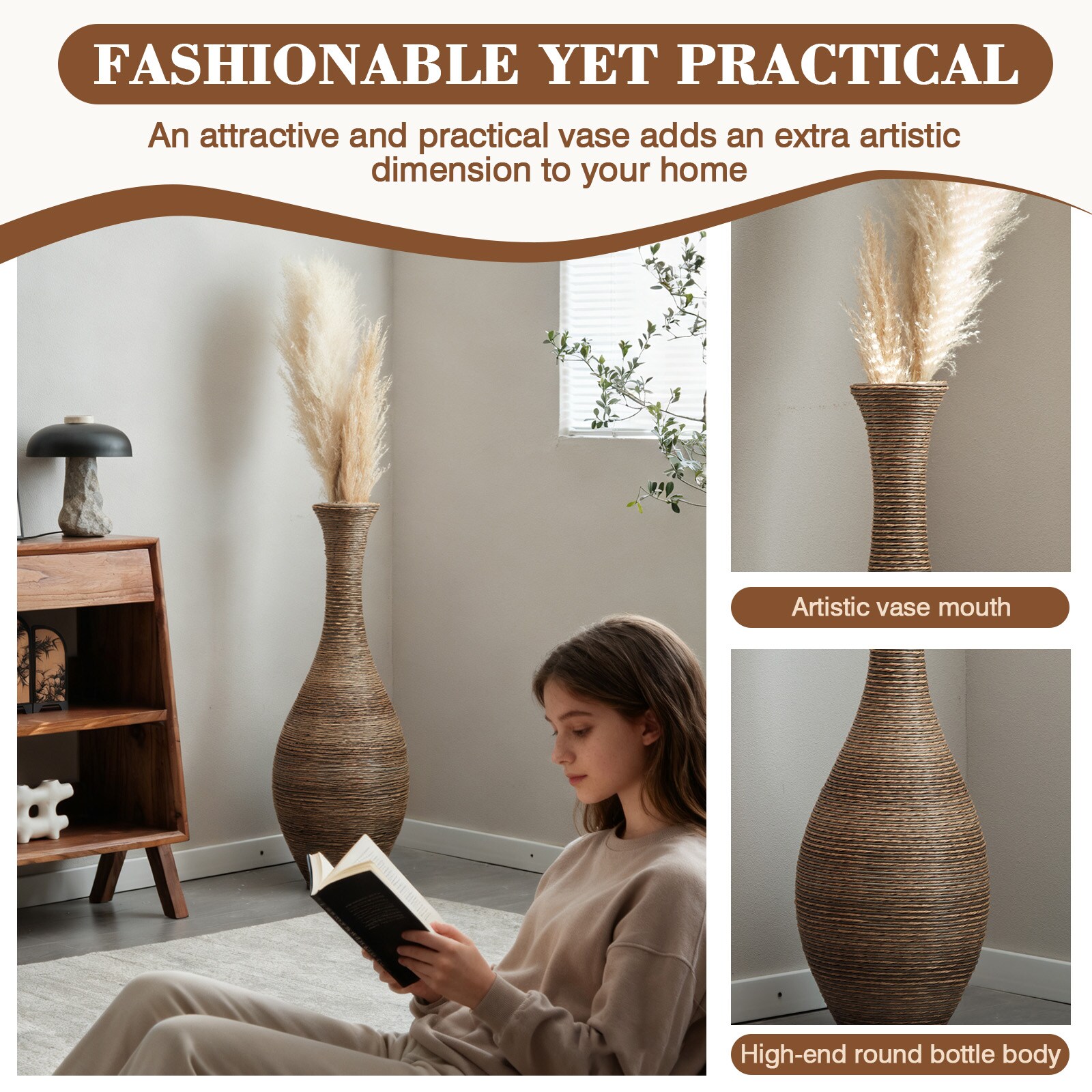 Boho Havens - Beige Grey Glass Tall Vase 39.37-in
