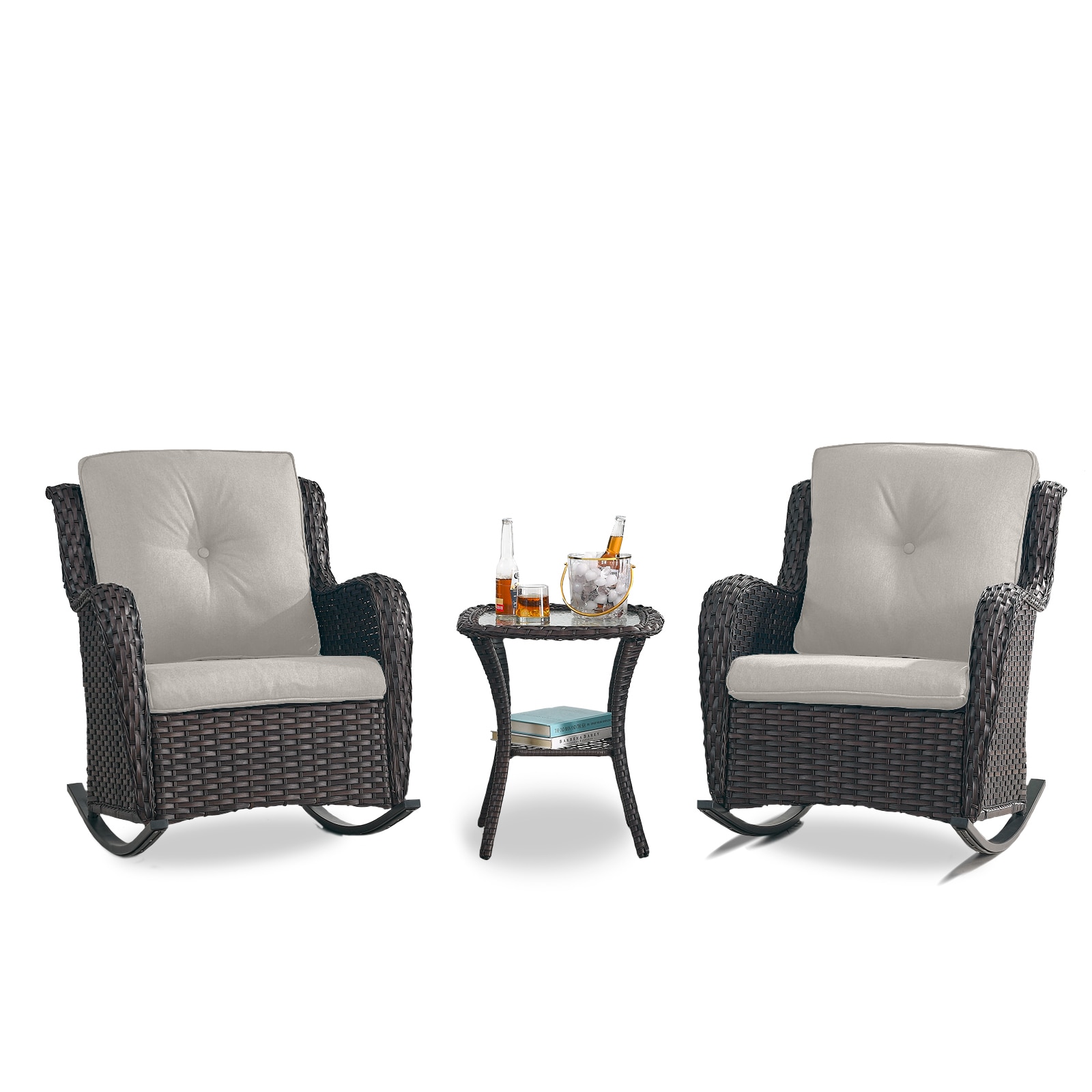 Rilyson FS101025-2 Curved handrail Set of 2 Wicker Brown Wicker Frame Rocking Chair with Off-white Beige Cushioned Seat