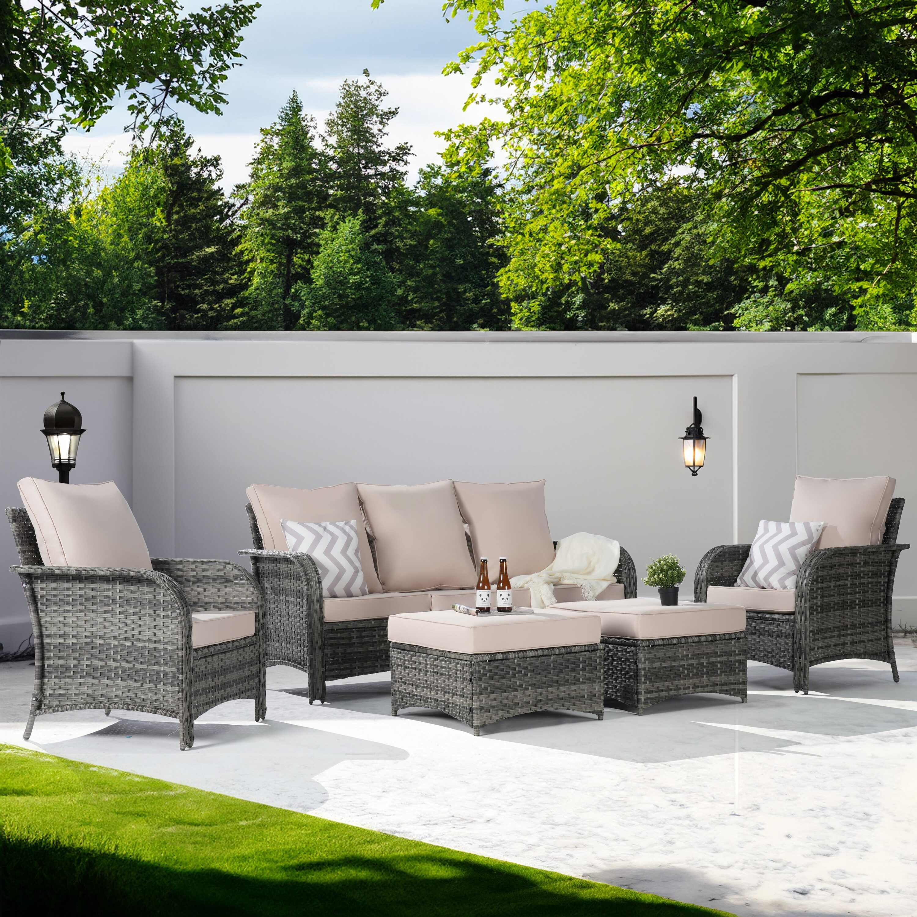 SANSTAR L-WS801-SN-8 5 -Piece Rattan Patio Sofa Conversation Set with Brown Cushions