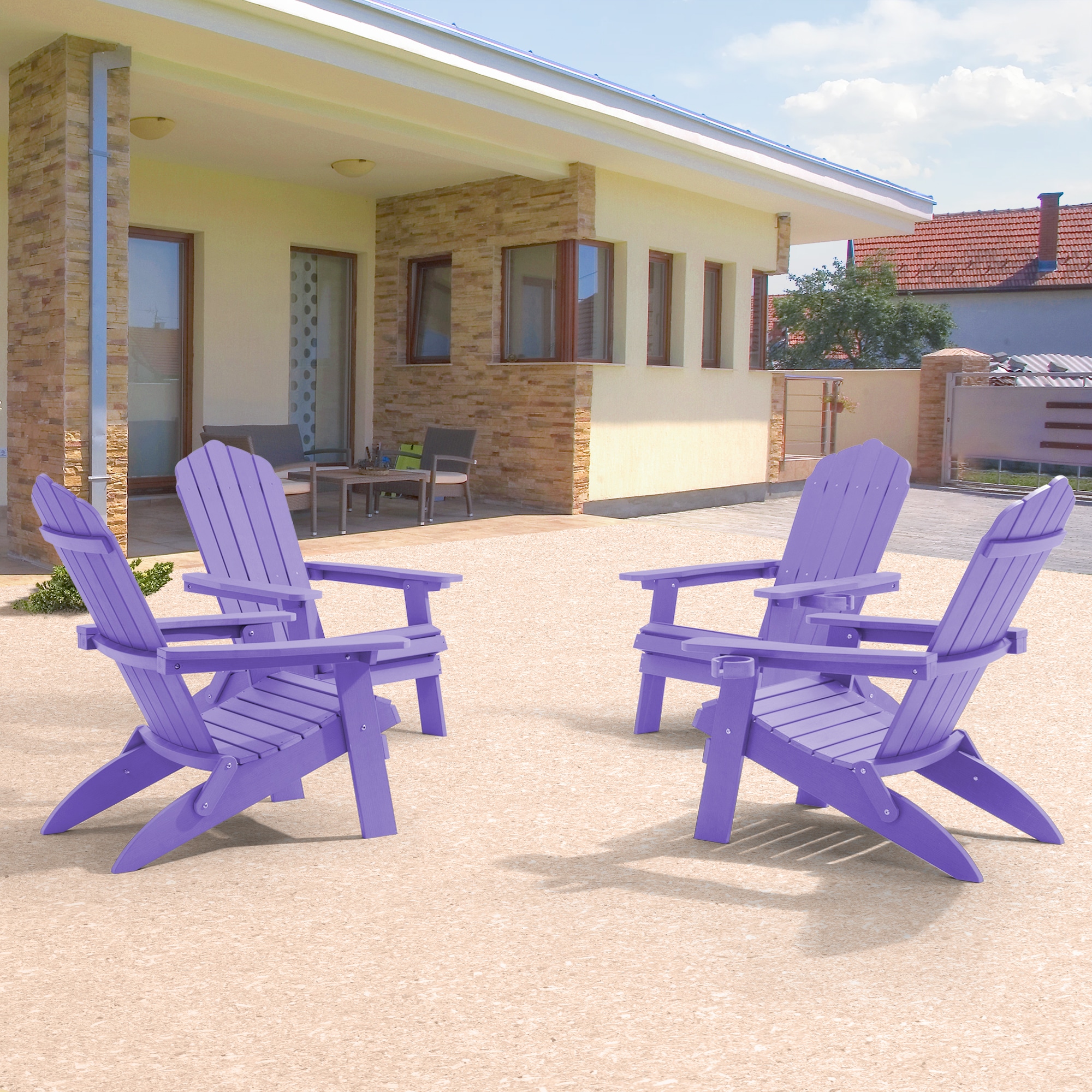Sonkuki SD-AD508-PU-4 Patio Chair Set of 4 Purple Plastic Frame Stationary Adirondack Chair with Solid Seat