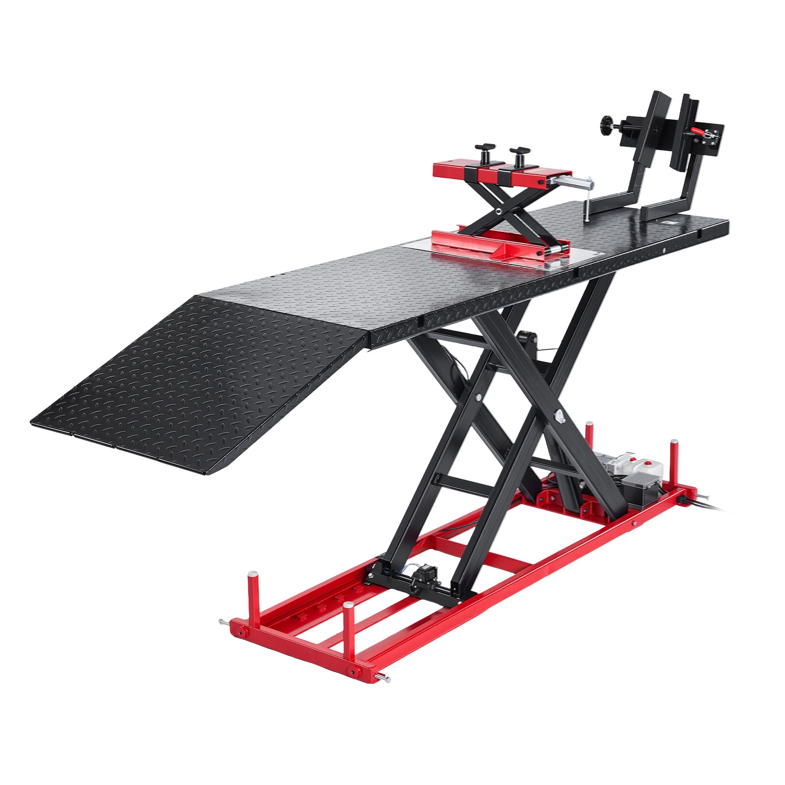 VEVOR Motorcycle Lift Table  1500 lbs Capacity  Electric Hydraulic Pump with Scissor Lift Jack  Adjustable Wheel Chock  9.05in-41.73in Height Range  78.3in x 26.3in Heavy Duty Repair Stand for Dirt Bike
