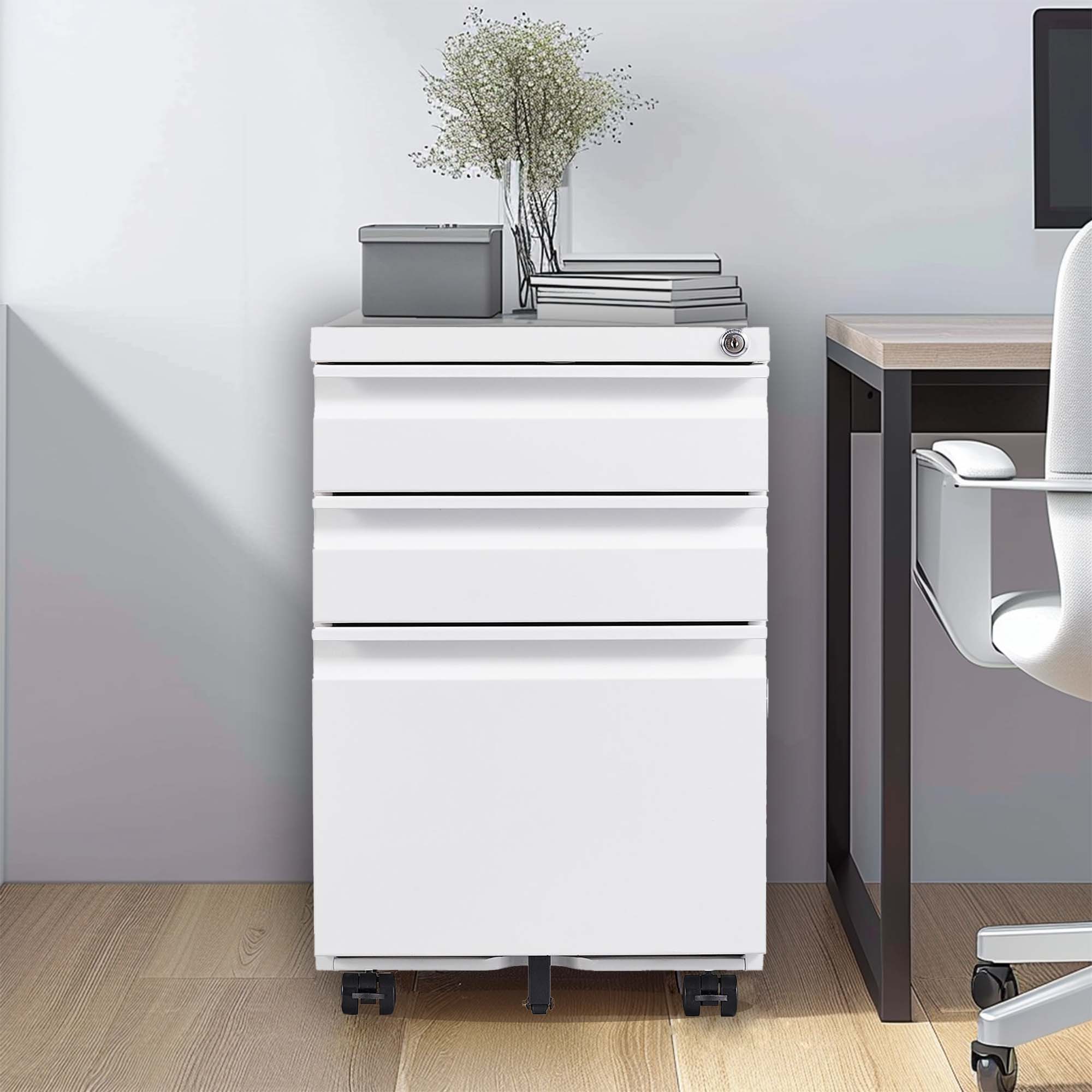Dexmalle  White 3 Drawer Mobile File Cabinet with Lock and Wheels