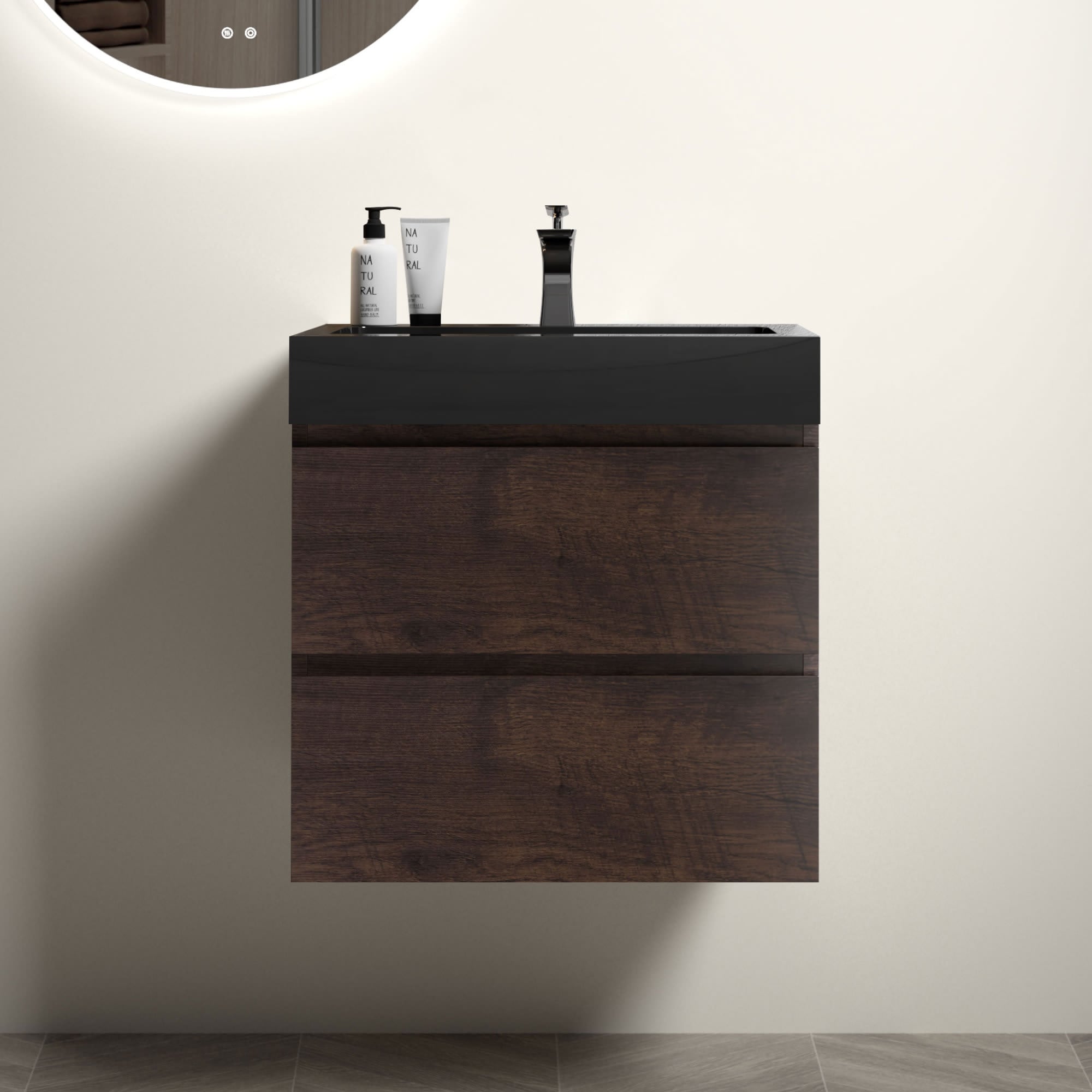 Roomfitters  24-Inch Walnut Wall Mount Floating Bathroom Vanity Set with Large Storage and Black Integrated Sink Basin