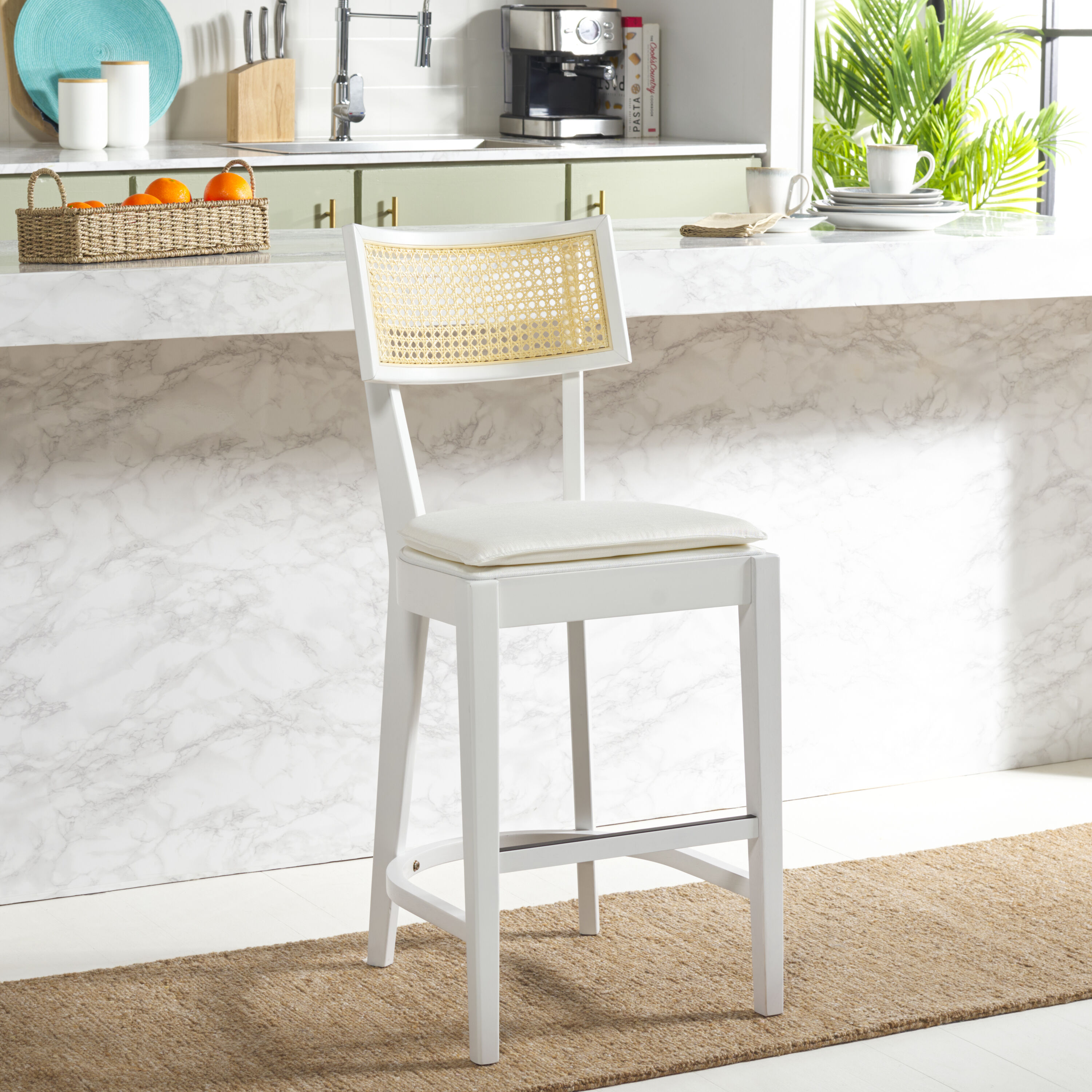 White and Natural Wood Cane Counter Stool with Cushion