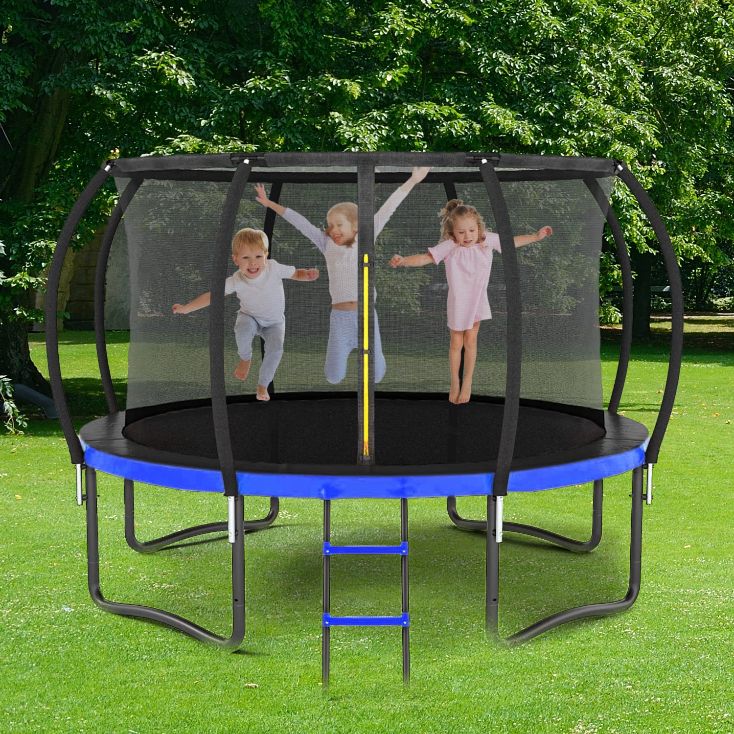 LOVMOR SF-M-W1437119570 14FT Outdoor Big Trampoline With Inner Safety Enclosure Net Ladder PVC Spring Cover Padding For Kids BlackandBlue Color