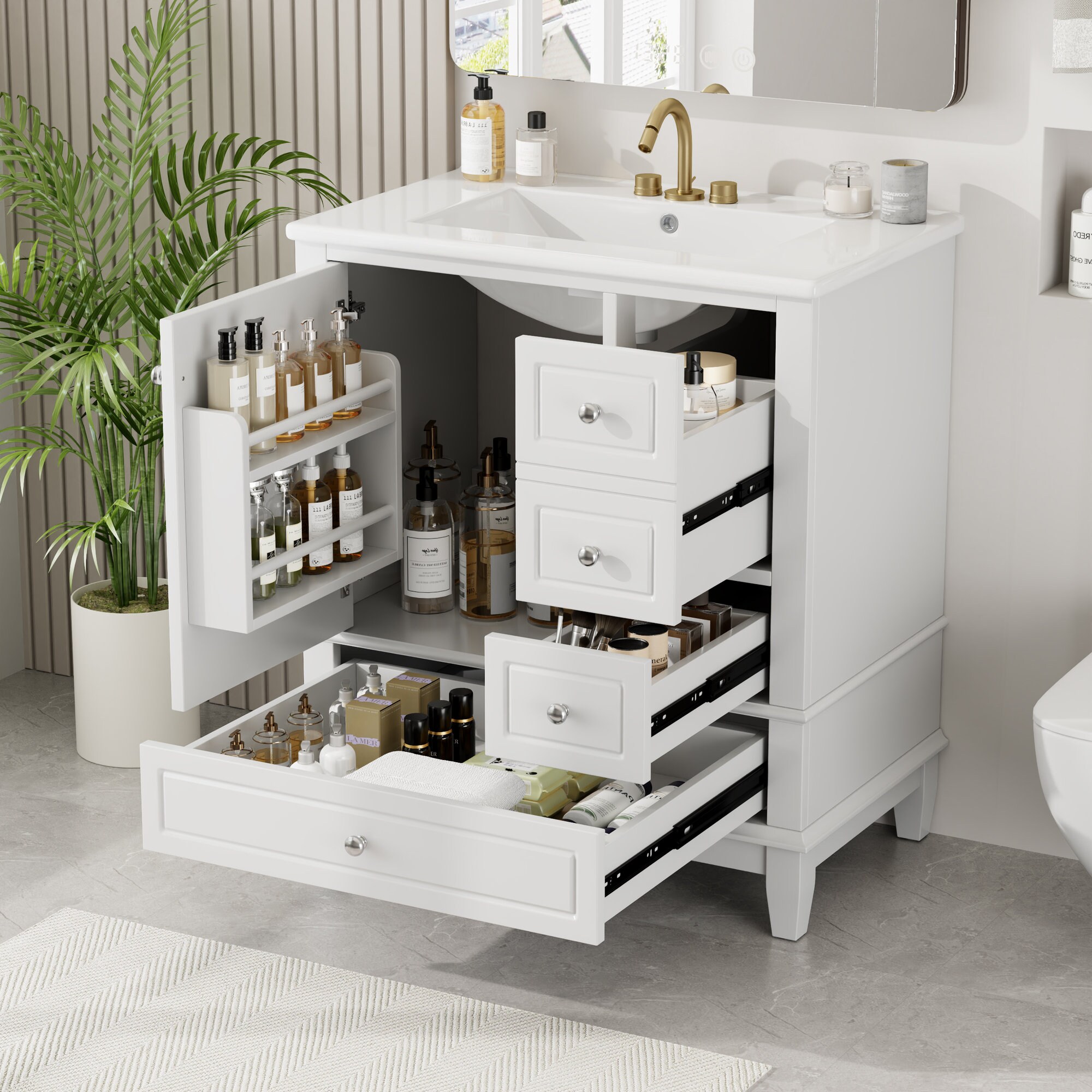 Afoxsos - 30 inch Bathroom Vanity with Ceramic Sink White Painted Finish One Door Shelf Three Dra...