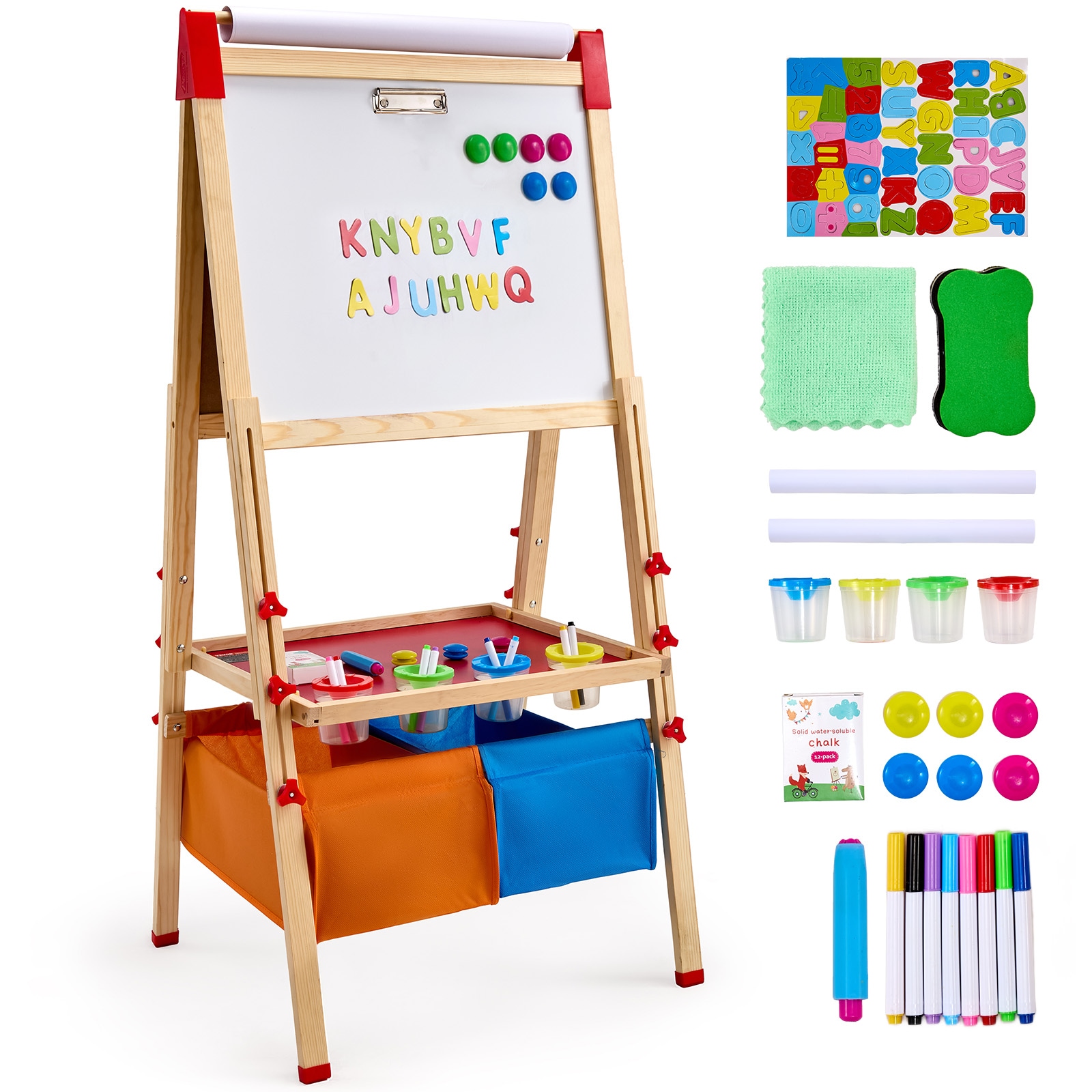 GIVIMO 3-in-1 Double-Sided Wooden Kids Art Easel with Magnetic Whiteboard Chalkboard Paper Roll Holder 44-in to 54-in Adjustable Height Storage Basket Paint Cups Markers Chalks and Magnetic Number and Letter Set for Boys and Girls Ages 3 to 14