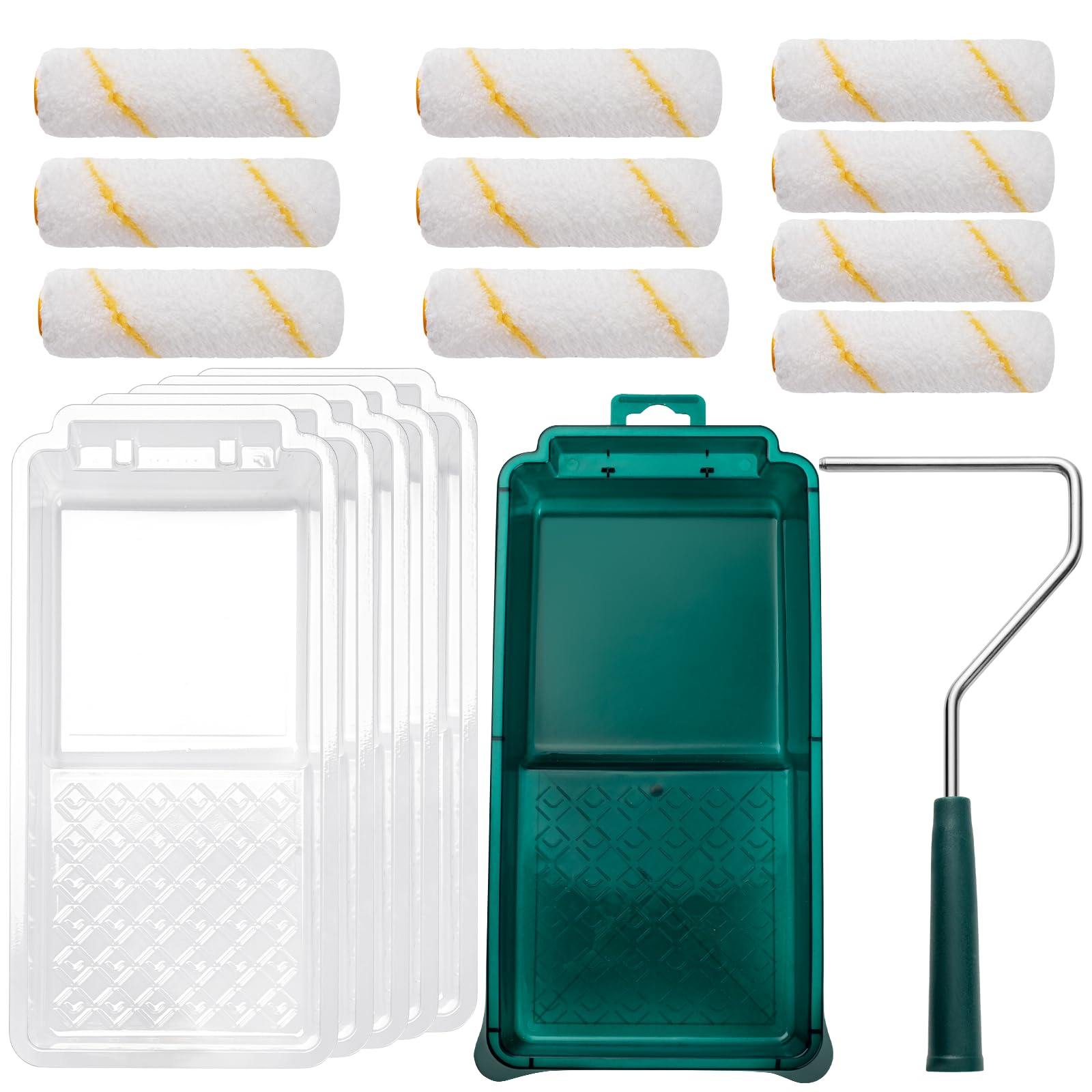 Oyezvary  Paint Roller Kit 17 Pack with 4 Inch Mini Roller Frame Microfiber Roller Covers Paint Tray Liners for Walls Cabinets and Furniture