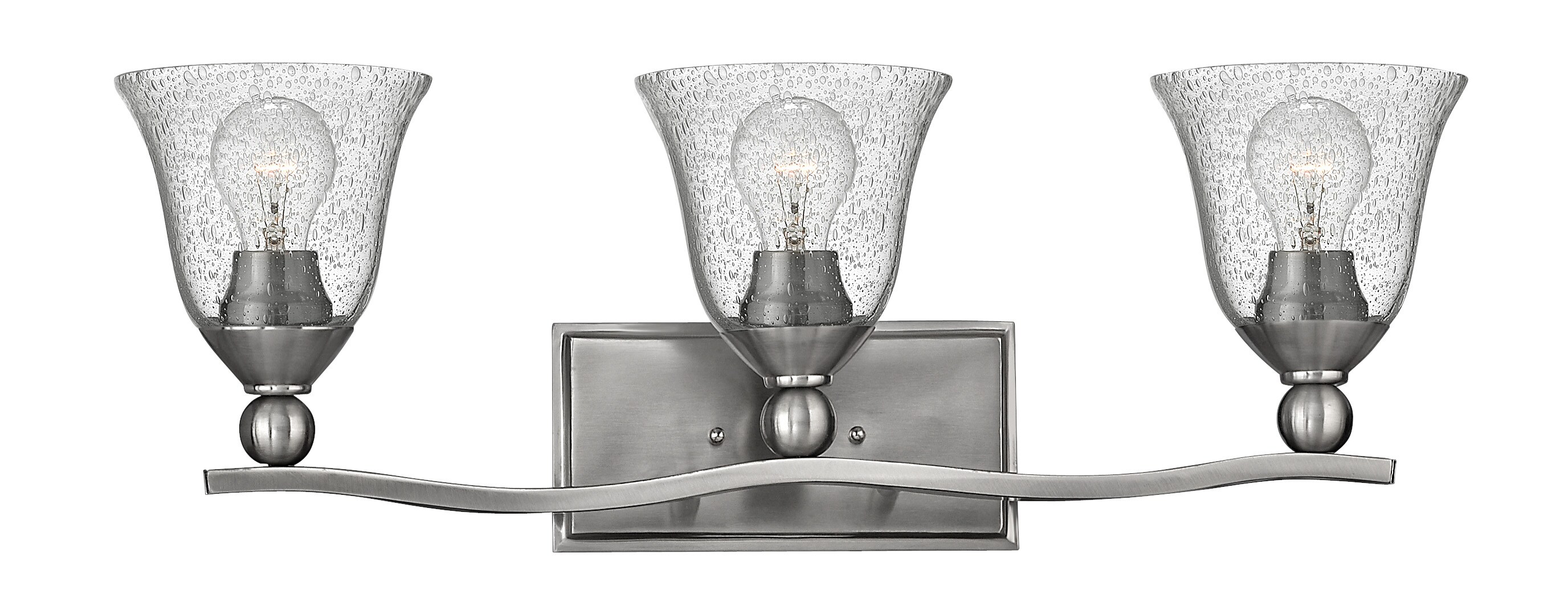 Transitional 3-Light Brushed Nickel Vanity with Clear Seedy Glass Shades
