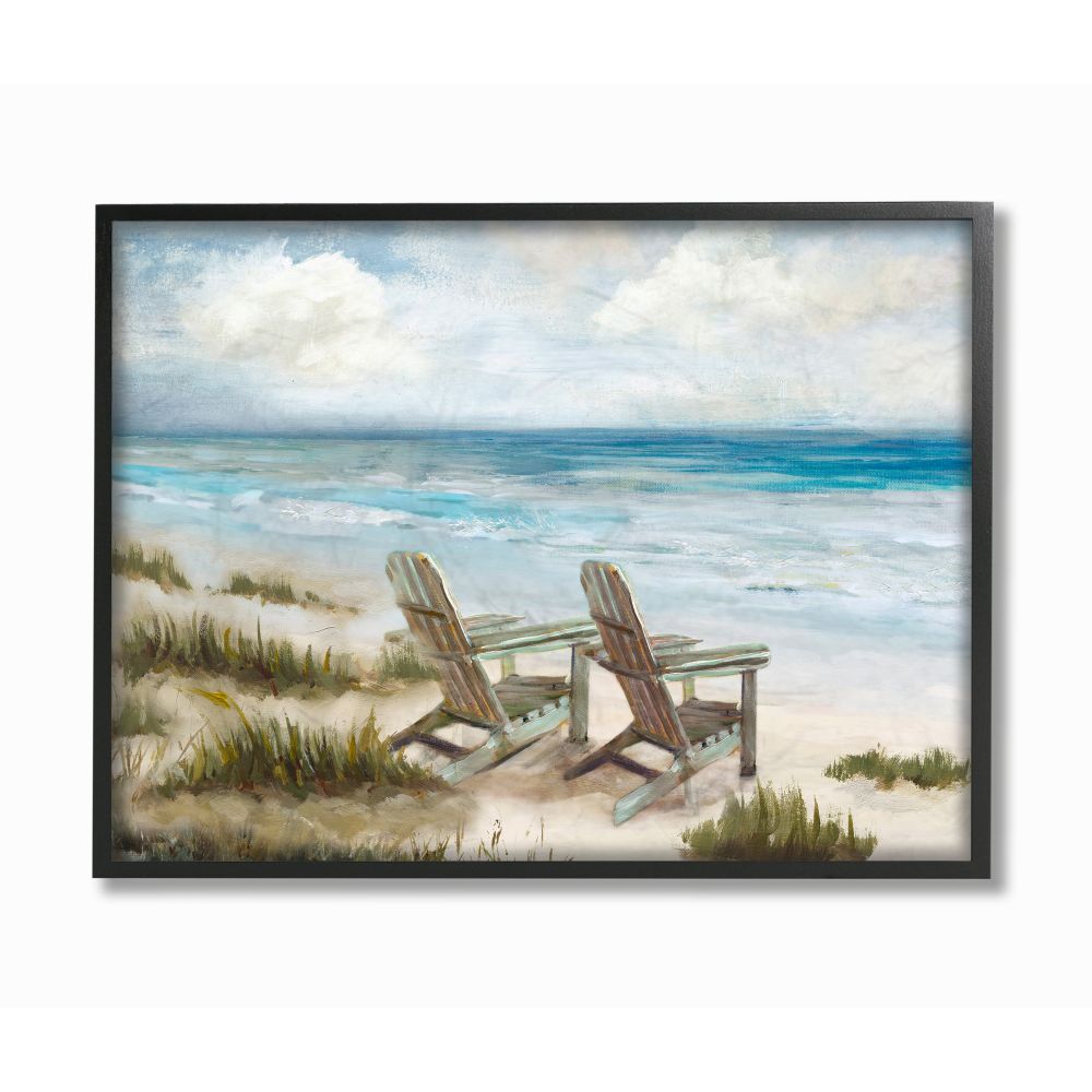 Stupell Industries AB-619-FR-16X20 Chairs at Shore Line Nautical Landscape Painting Carson Lyons Black Framed Wood Framed 20-Inches H x 16-Inches W Coastal Print
